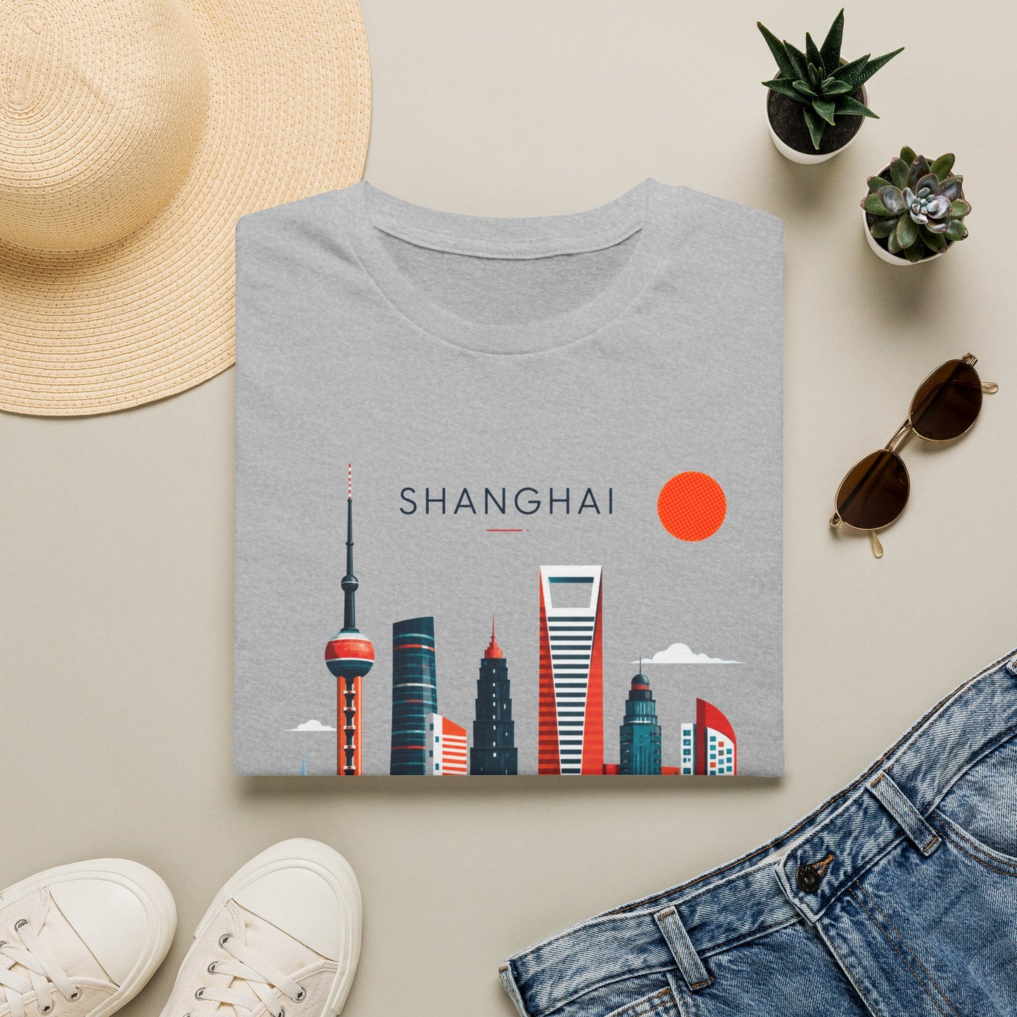 Shanghai Skyline T‑Shirt — Retro Red Sun Cityscape Tee