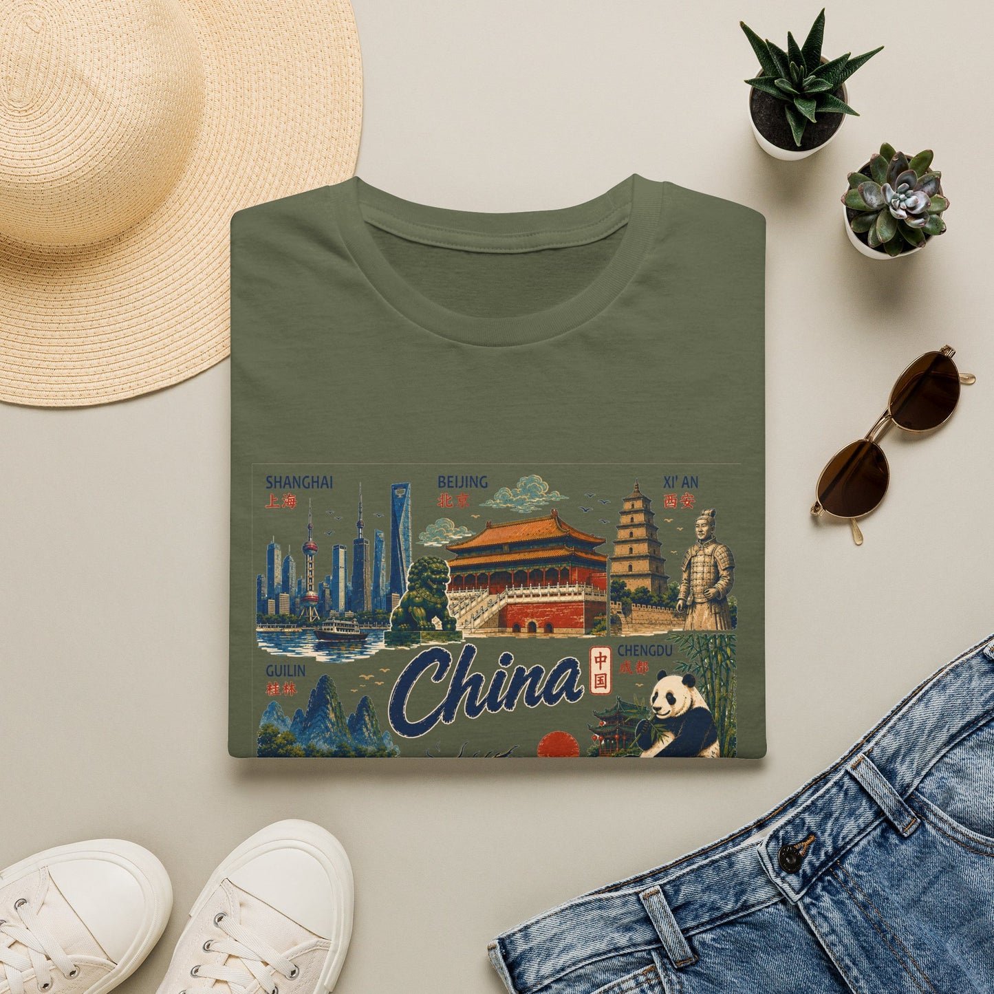 China Travel Collage T-Shirt — Landmarks & Panda Souvenir Tee