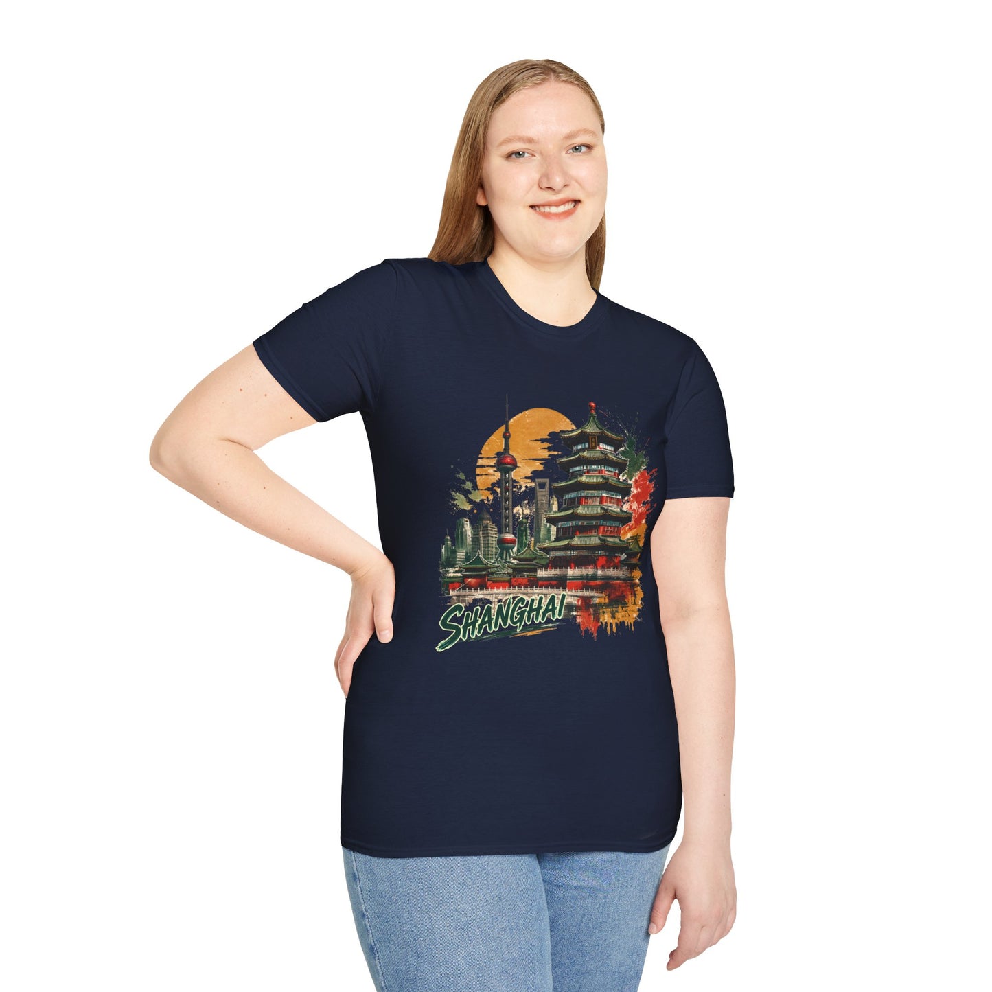 Shanghai Skyline T-Shirt — Watercolor Pagoda & Oriental Sunset Graphic