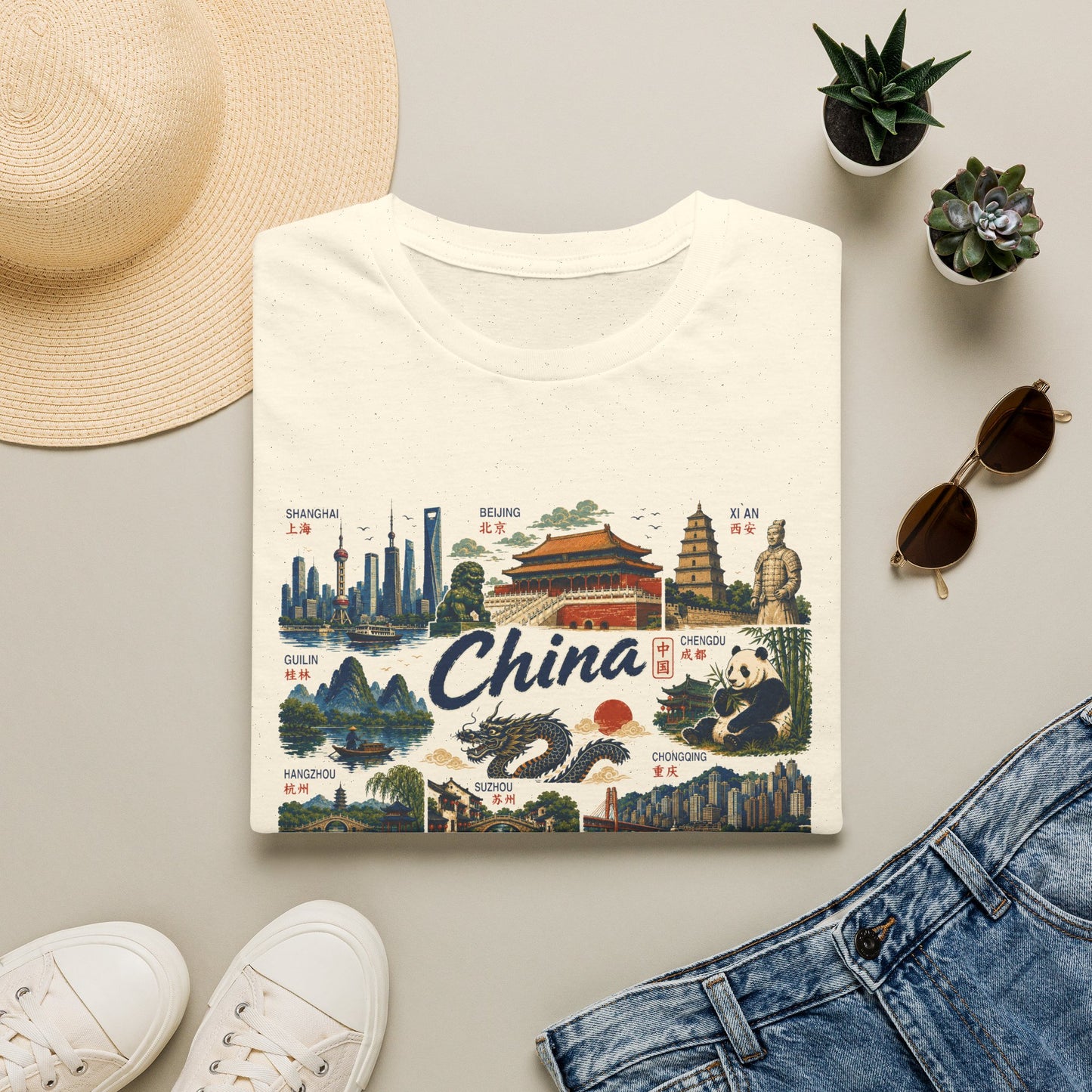 China Landmarks T-Shirt — Panda, Great Wall & Skyline Travel Tee