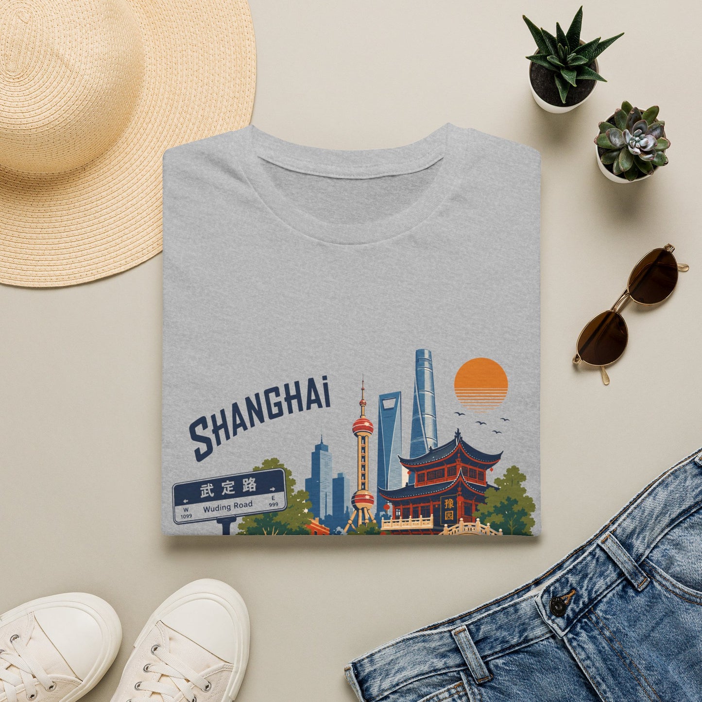 Shanghai Skyline T-Shirt — Retro Cityscape Tee with Oriental Pagoda & Street Sign