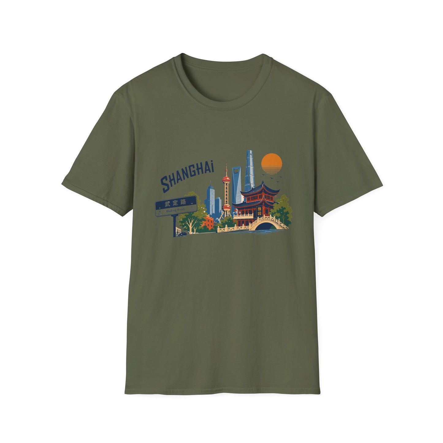 Shanghai Skyline T-Shirt — Retro Cityscape Tee with Oriental Pagoda & Street Sign