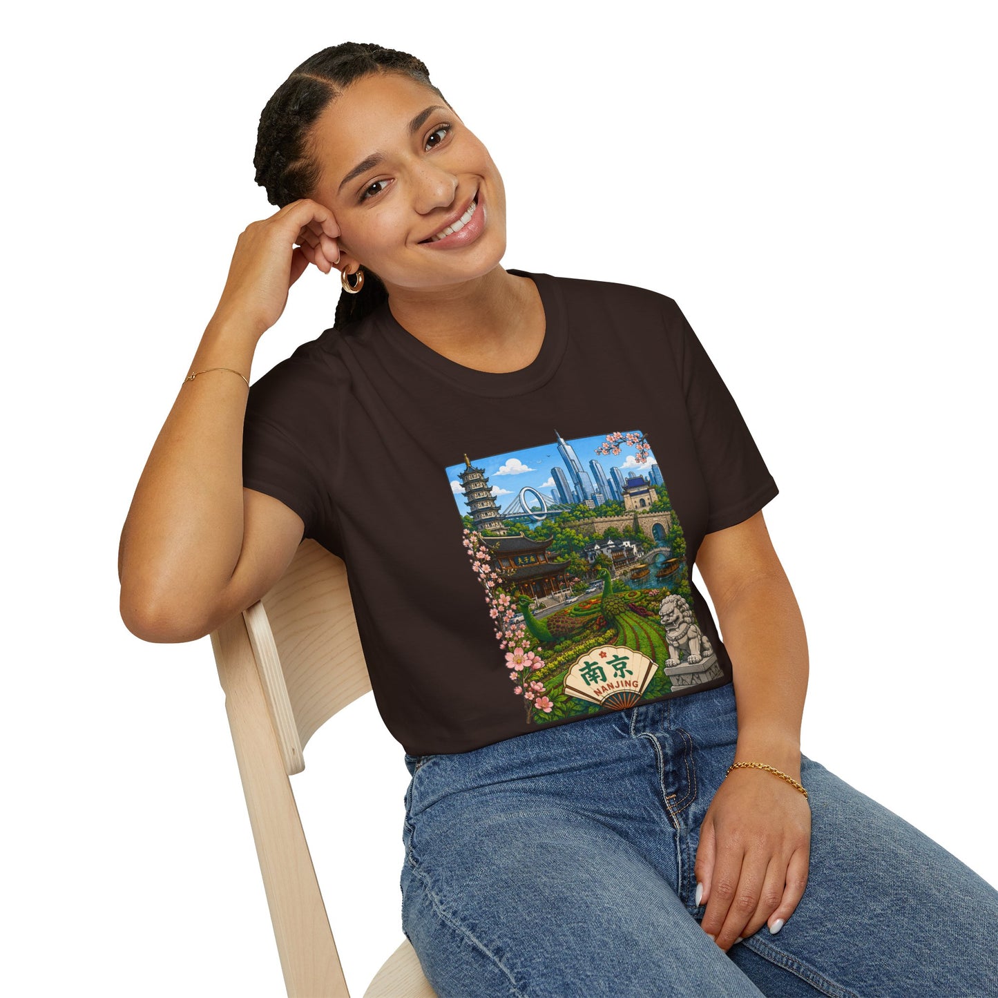 Nanjing Skyline T-Shirt — Scenic Cityscape with Pagoda & Cherry Blossoms