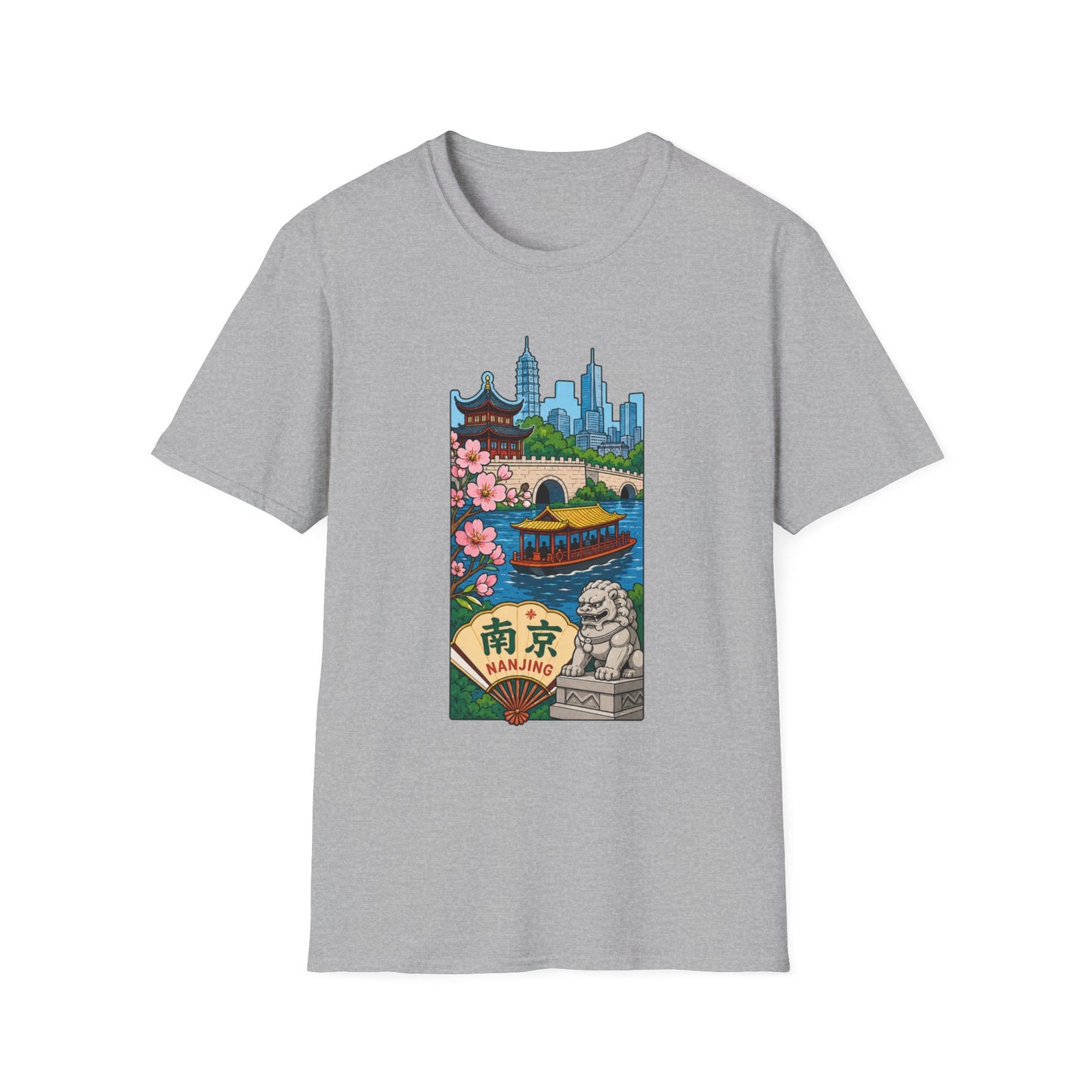 Nanjing Cityscape T-Shirt — Cherry Blossoms, Pagoda & Skyline Travel Shirt