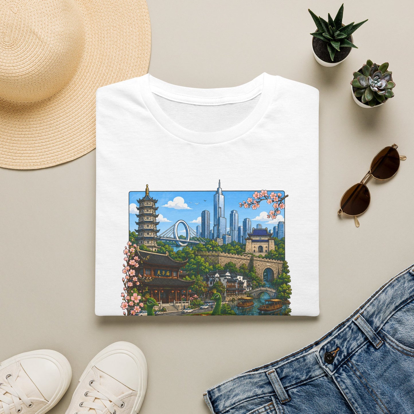 Nanjing Skyline T-Shirt — Scenic Cityscape with Pagoda & Cherry Blossoms