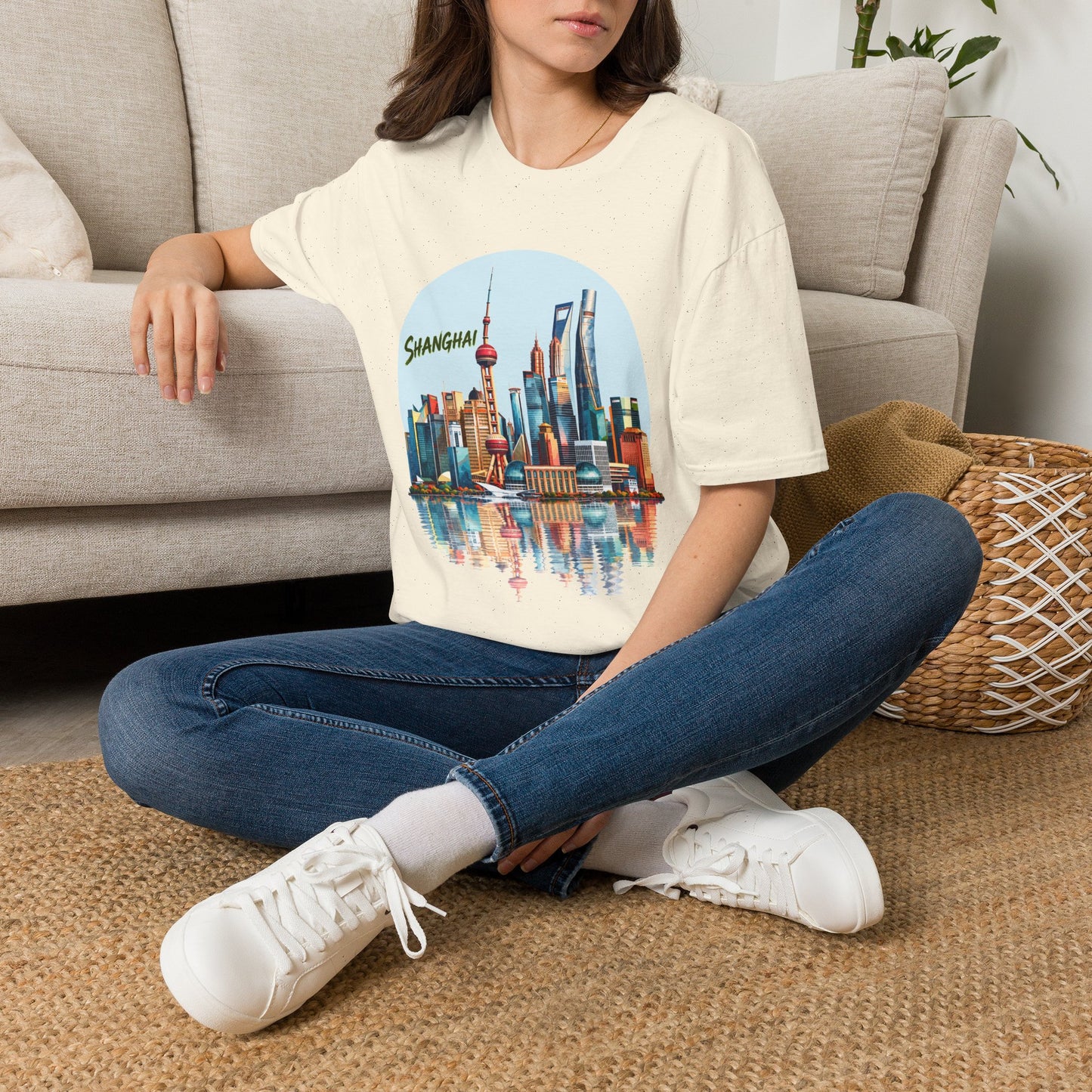 Shanghai Skyline T-Shirt — Retro Cityscape Tee with Reflection