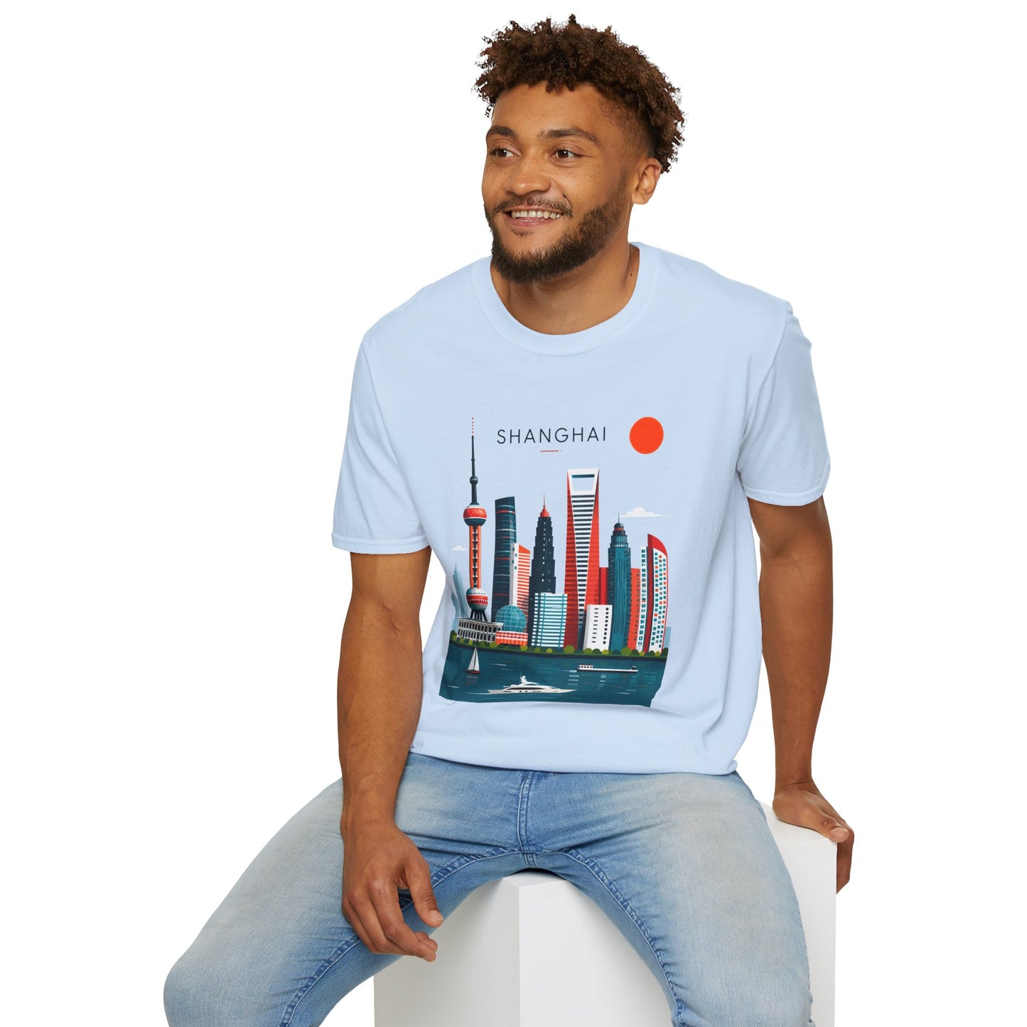 Shanghai Skyline T‑Shirt — Retro Red Sun Cityscape Tee