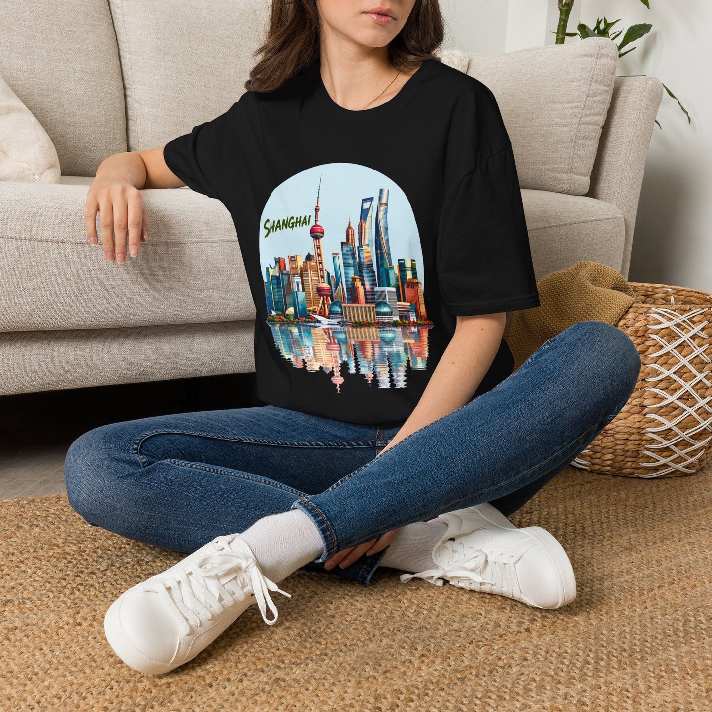 Shanghai Skyline T-Shirt — Retro Cityscape Tee with Reflection