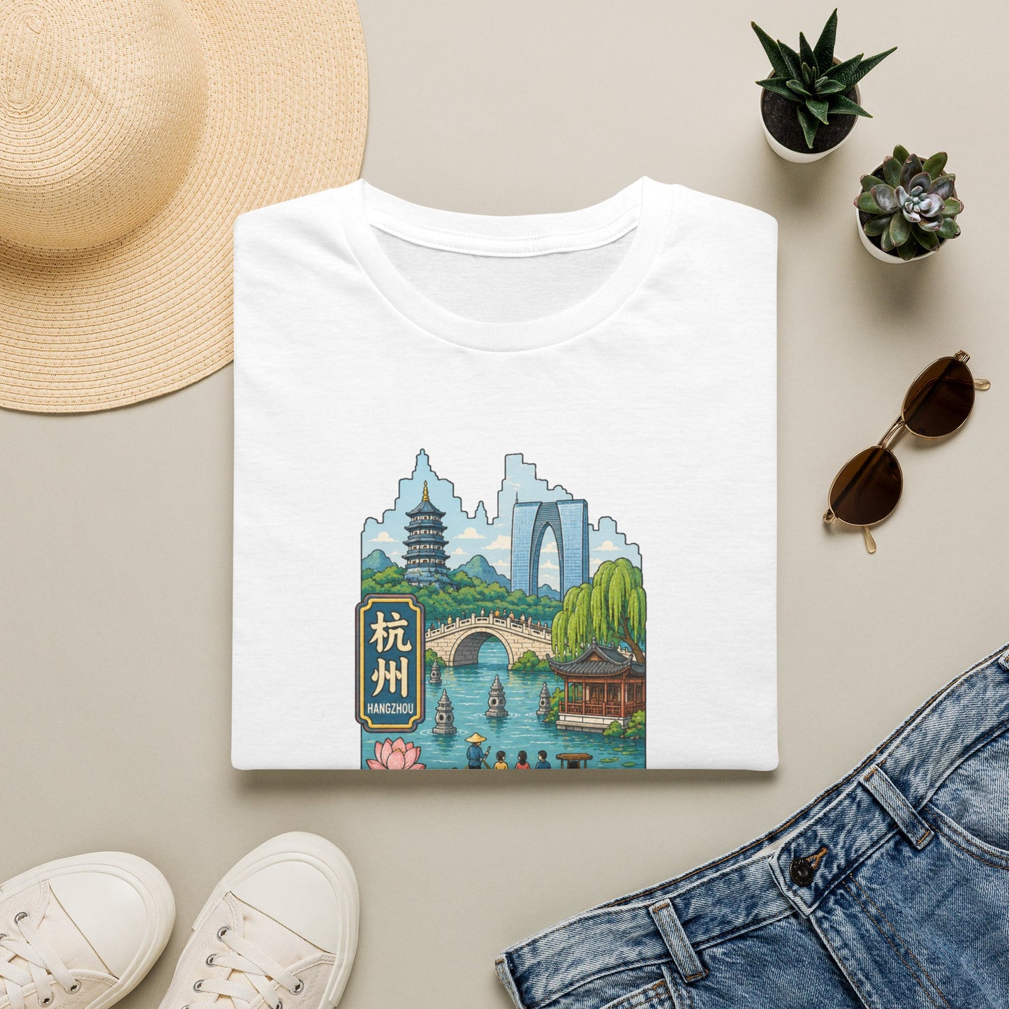 Hangzhou Scenic T-Shirt — West Lake Pagoda & Bridge Illustration