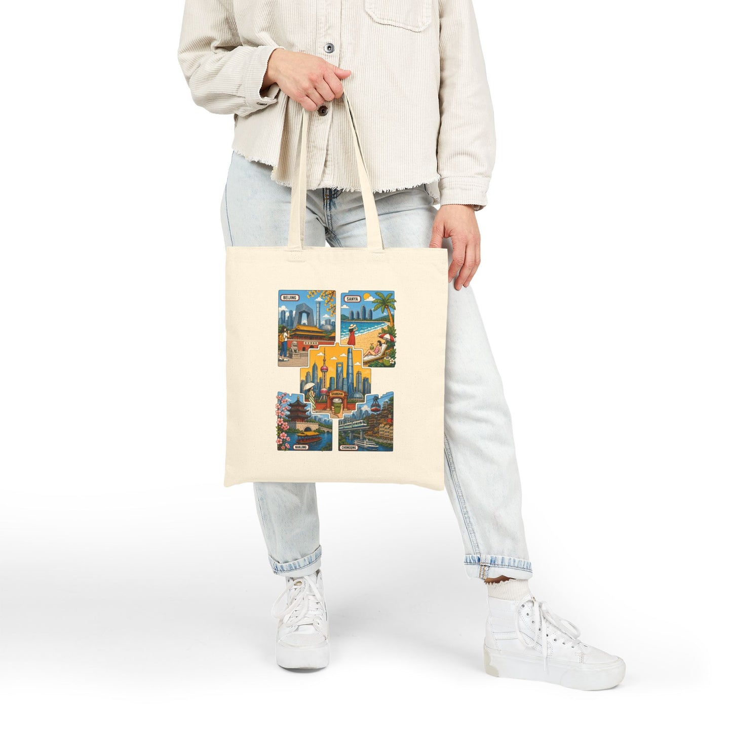 Cityscape Postcard Cotton Tote Bag — Vintage Travel Collage Tote