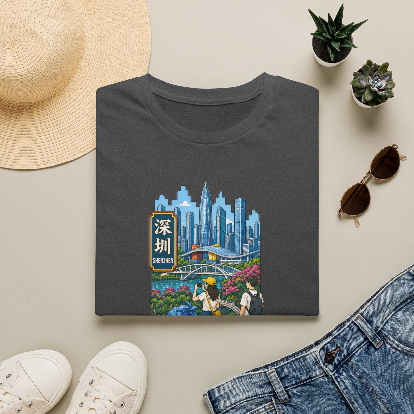 Shenzhen Skyline T-Shirt — Retro Travel City Scene with Chinese Characters