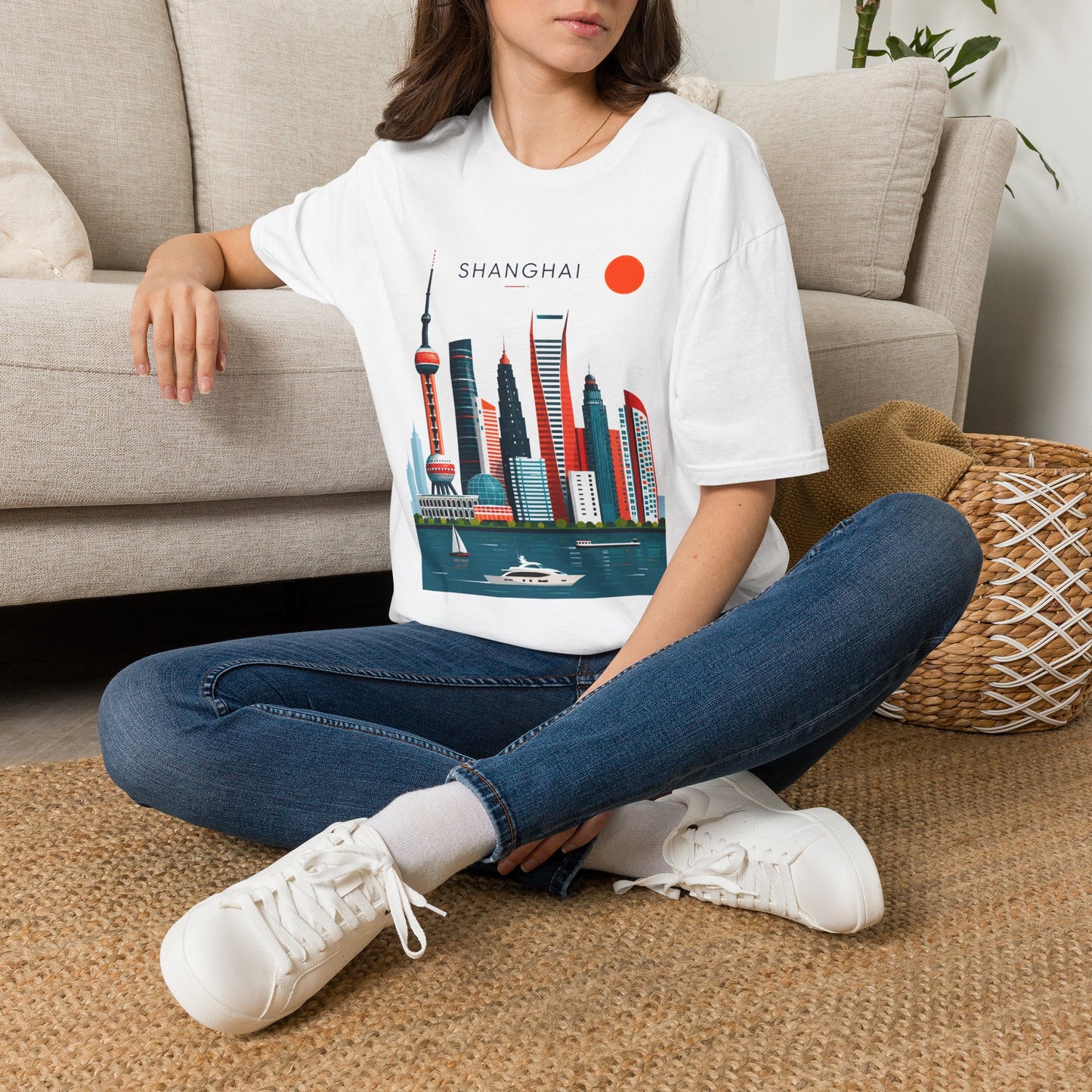 Shanghai Skyline T‑Shirt — Retro Red Sun Cityscape Tee