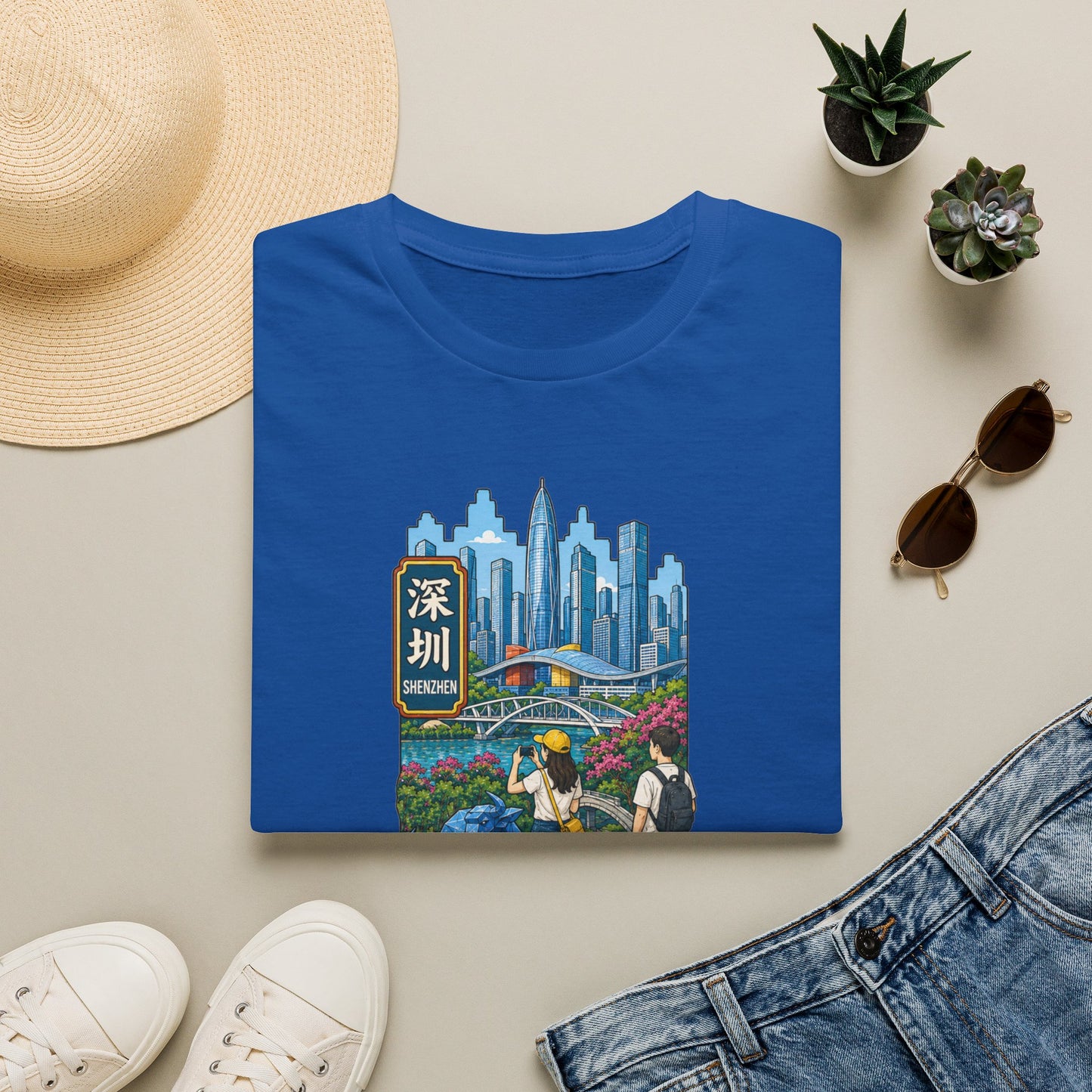 Shenzhen Skyline T-Shirt — Retro Travel City Scene with Chinese Characters