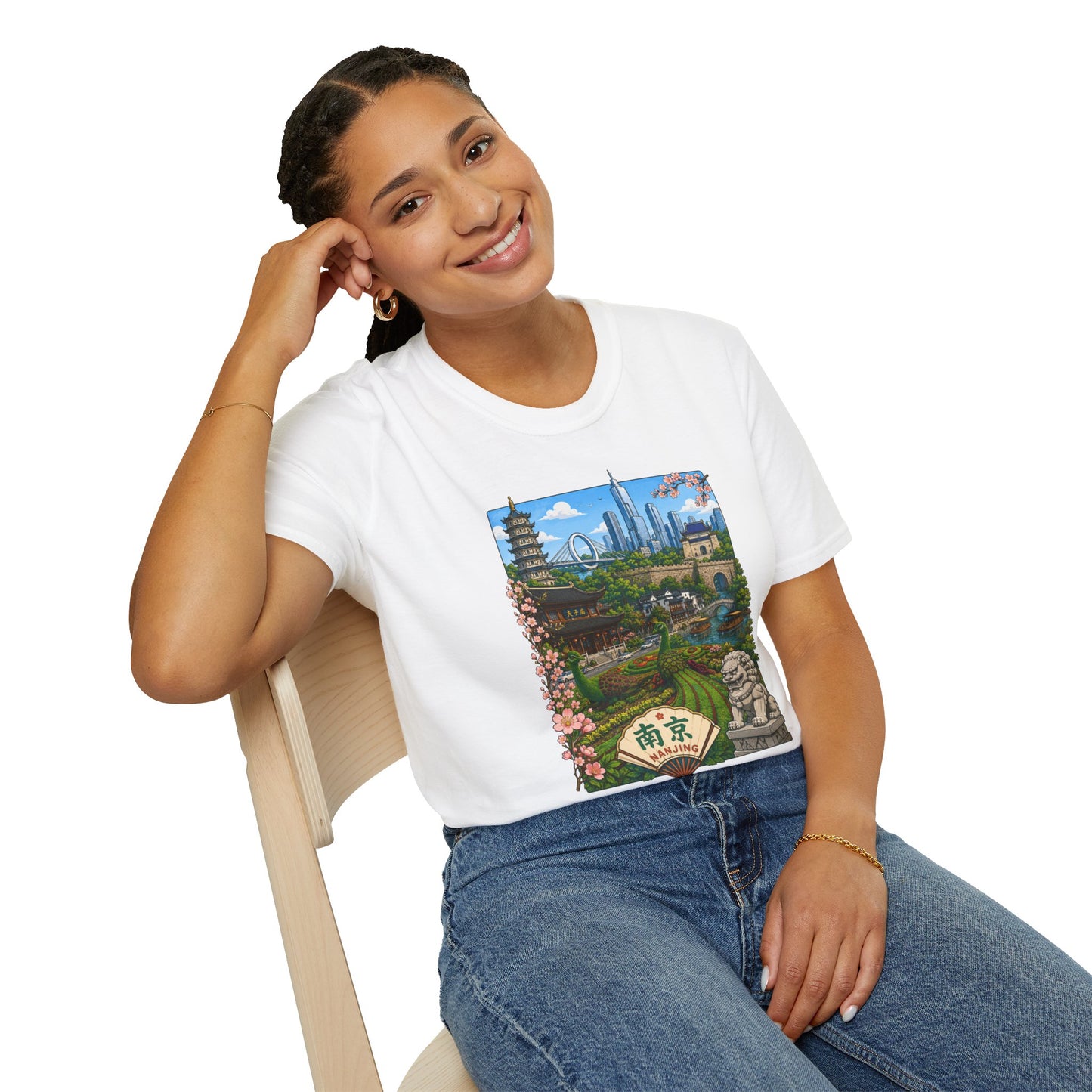 Nanjing Skyline T-Shirt — Scenic Cityscape with Pagoda & Cherry Blossoms