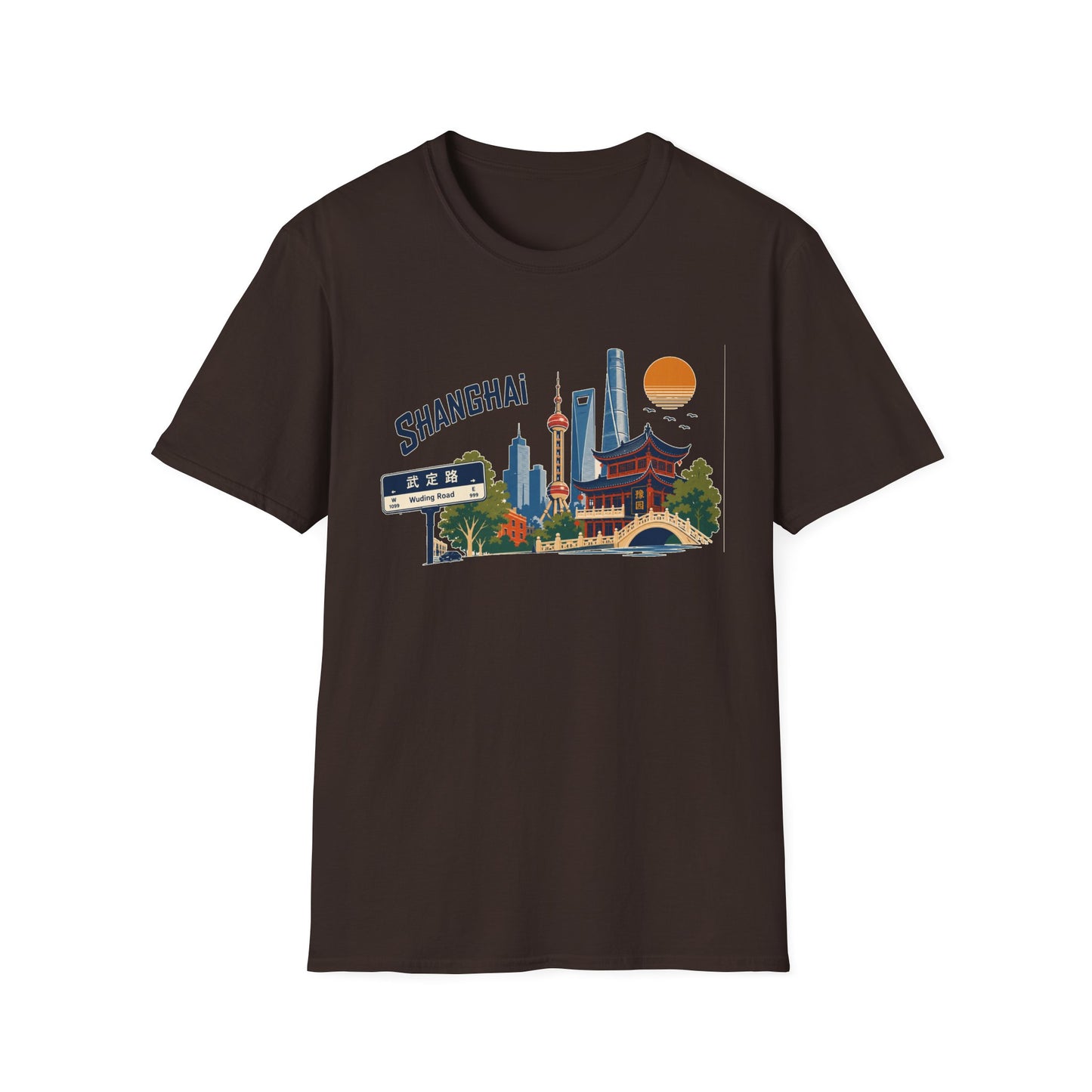 Shanghai Skyline T-Shirt — Vintage Cityscape Tee with Oriental Temple & Pudong Landmarks