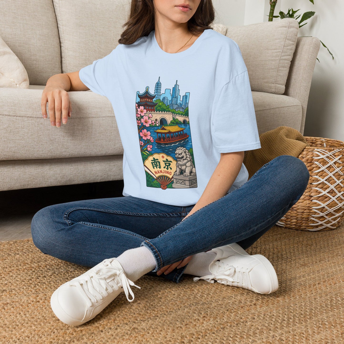 Nanjing Cityscape T-Shirt — Cherry Blossoms, Pagoda & Skyline Travel Shirt