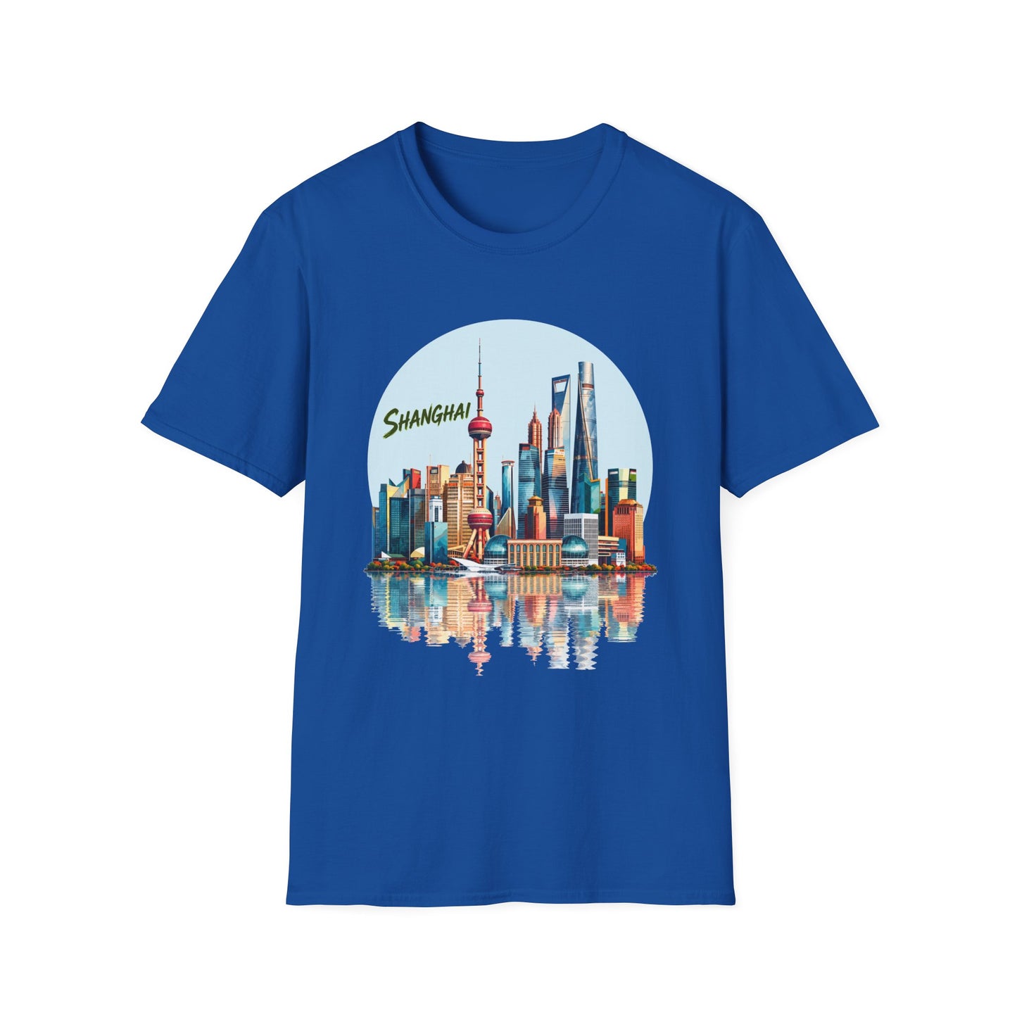 Shanghai Skyline T-Shirt — Retro Cityscape Tee with Reflection