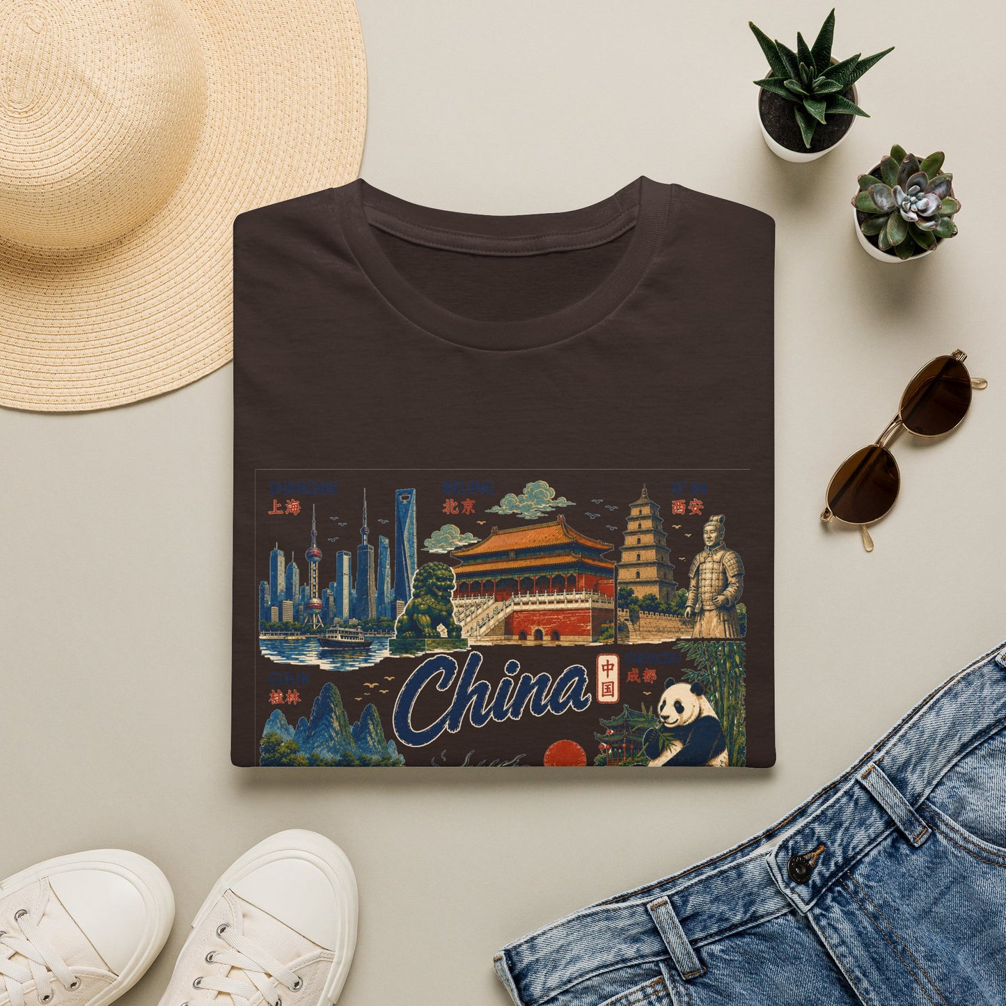 China Travel Collage T-Shirt — Landmarks & Panda Souvenir Tee