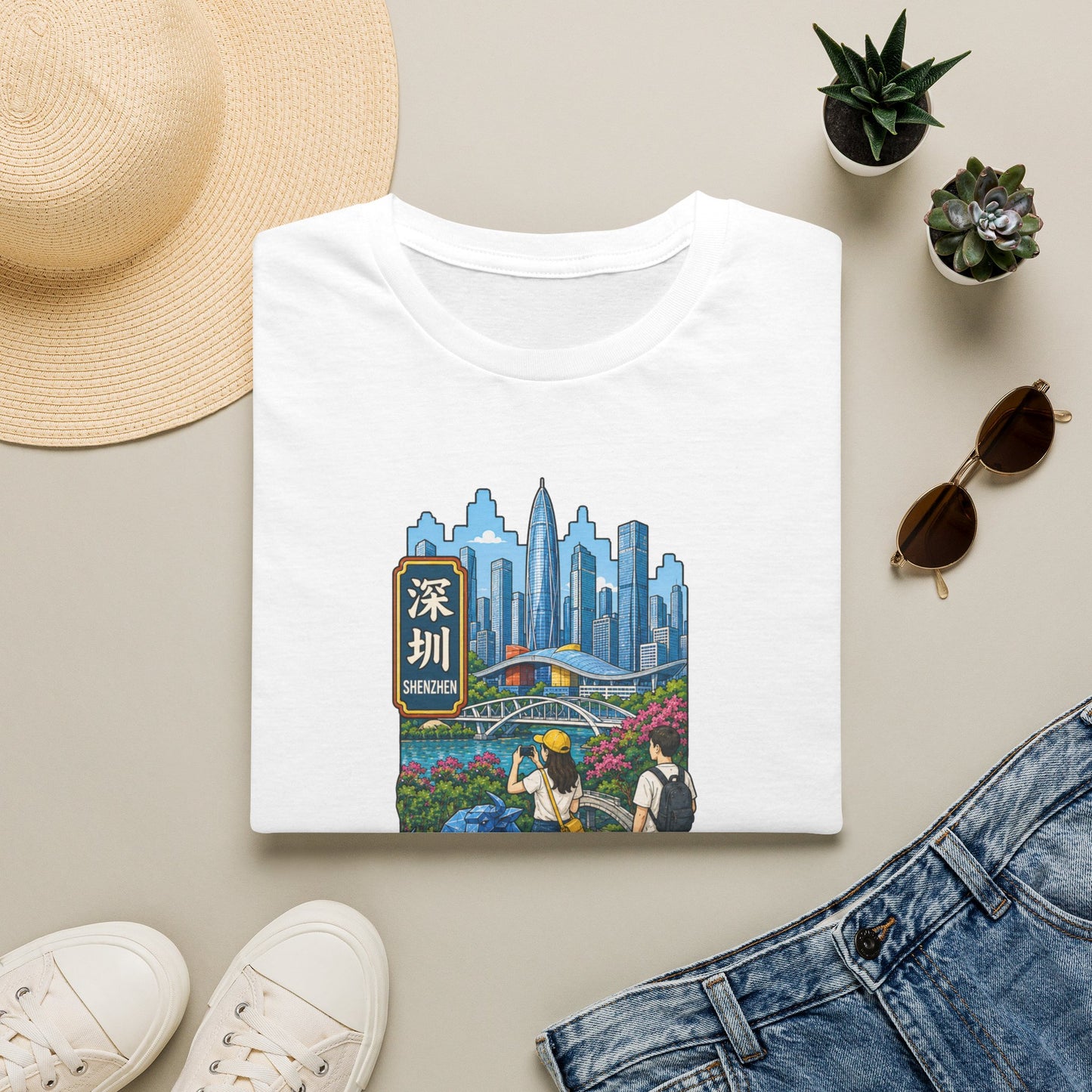 Shenzhen Skyline T-Shirt — Retro Travel City Scene with Chinese Characters