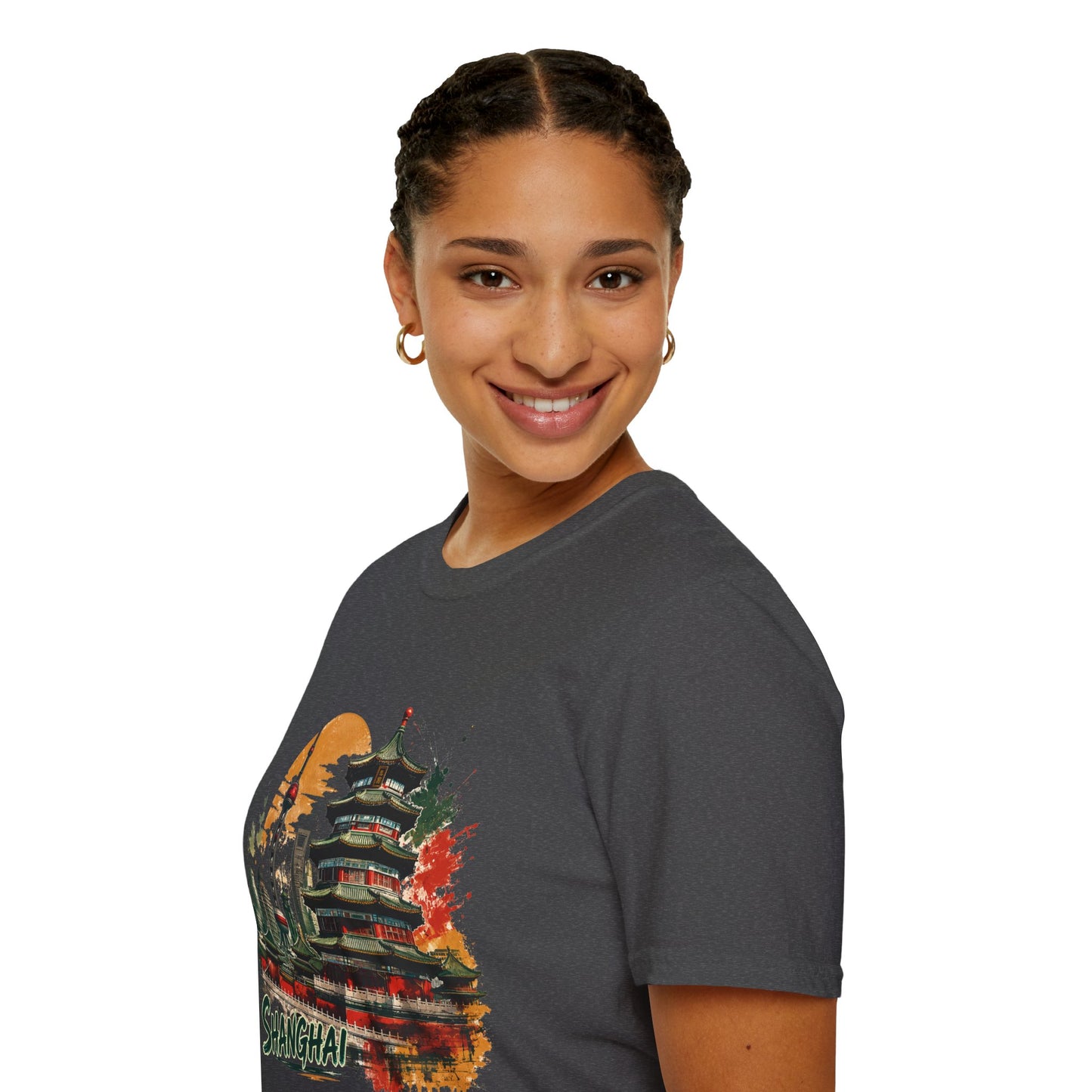 Shanghai Skyline T-Shirt — Watercolor Pagoda & Oriental Sunset Graphic