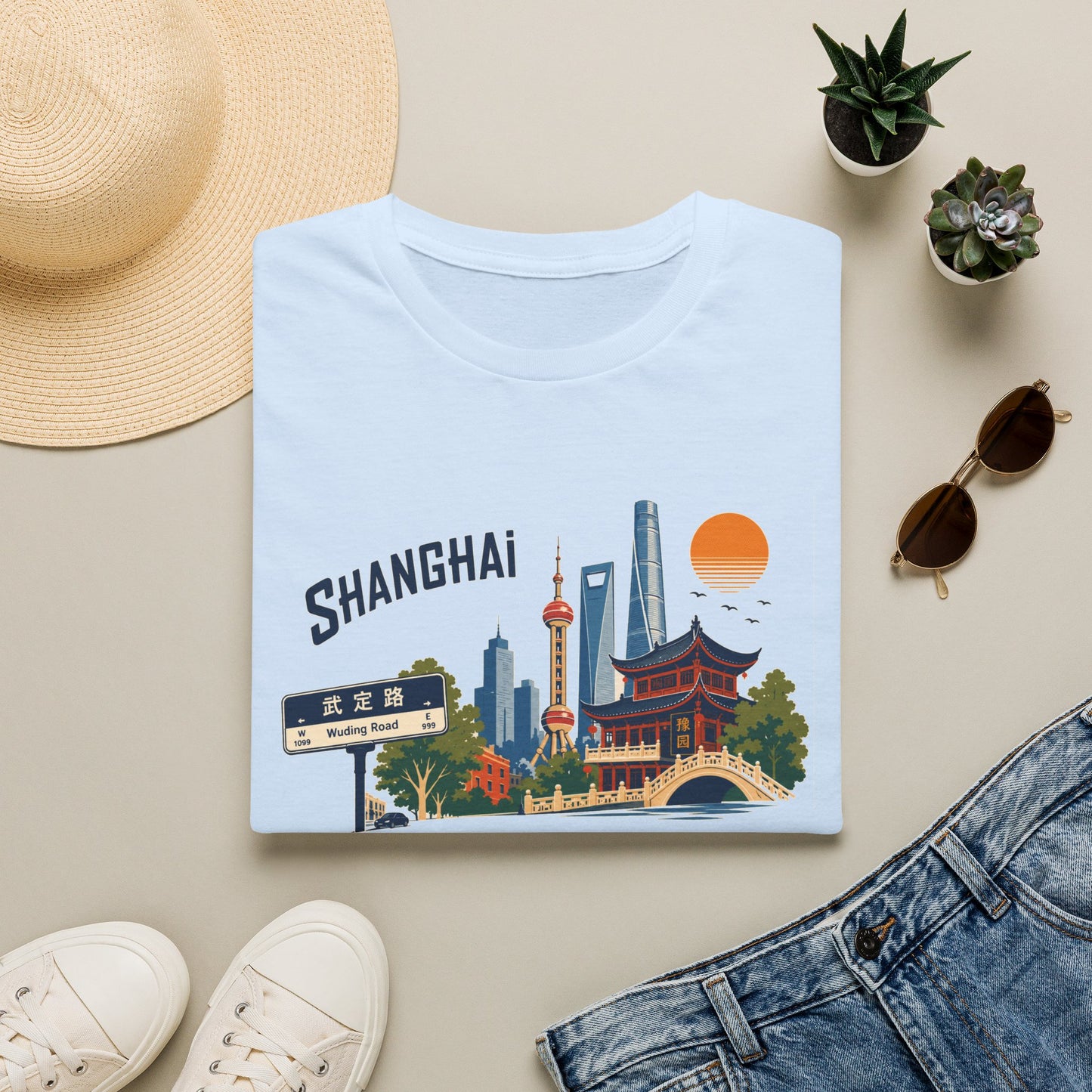 Shanghai Skyline T-Shirt — Vintage Cityscape Graphic Tee featuring Oriental Pagoda & Pudong Landmarks
