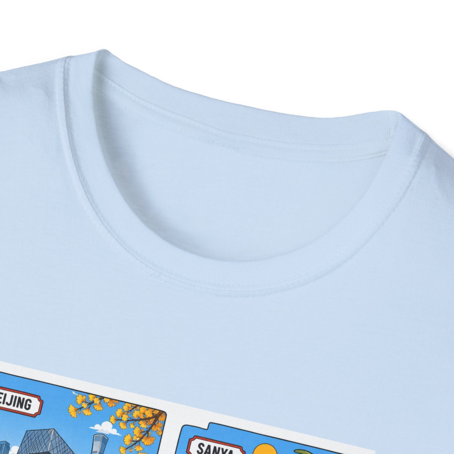 Cityscape Postcard T-Shirt — Retro Travel Collage (Beijing, Santa, Coastal Scenes)