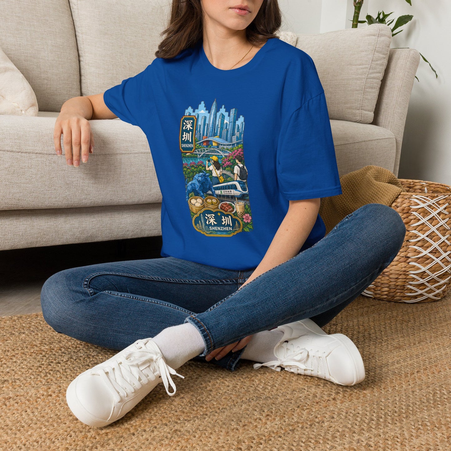 Shenzhen Skyline T-Shirt — Retro Travel City Scene with Chinese Characters