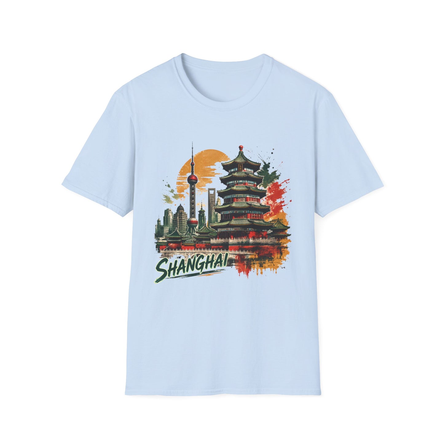 Shanghai Skyline T-Shirt — Watercolor Pagoda & Oriental Sunset Graphic