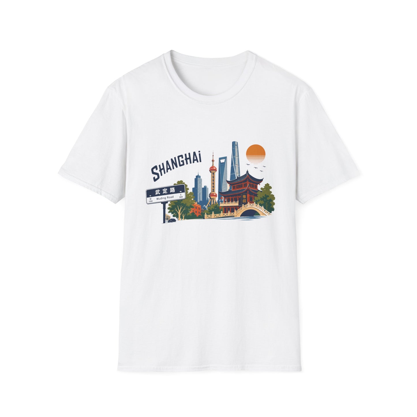 Shanghai Skyline T-Shirt — Retro Cityscape Tee with Oriental Pagoda & Street Sign