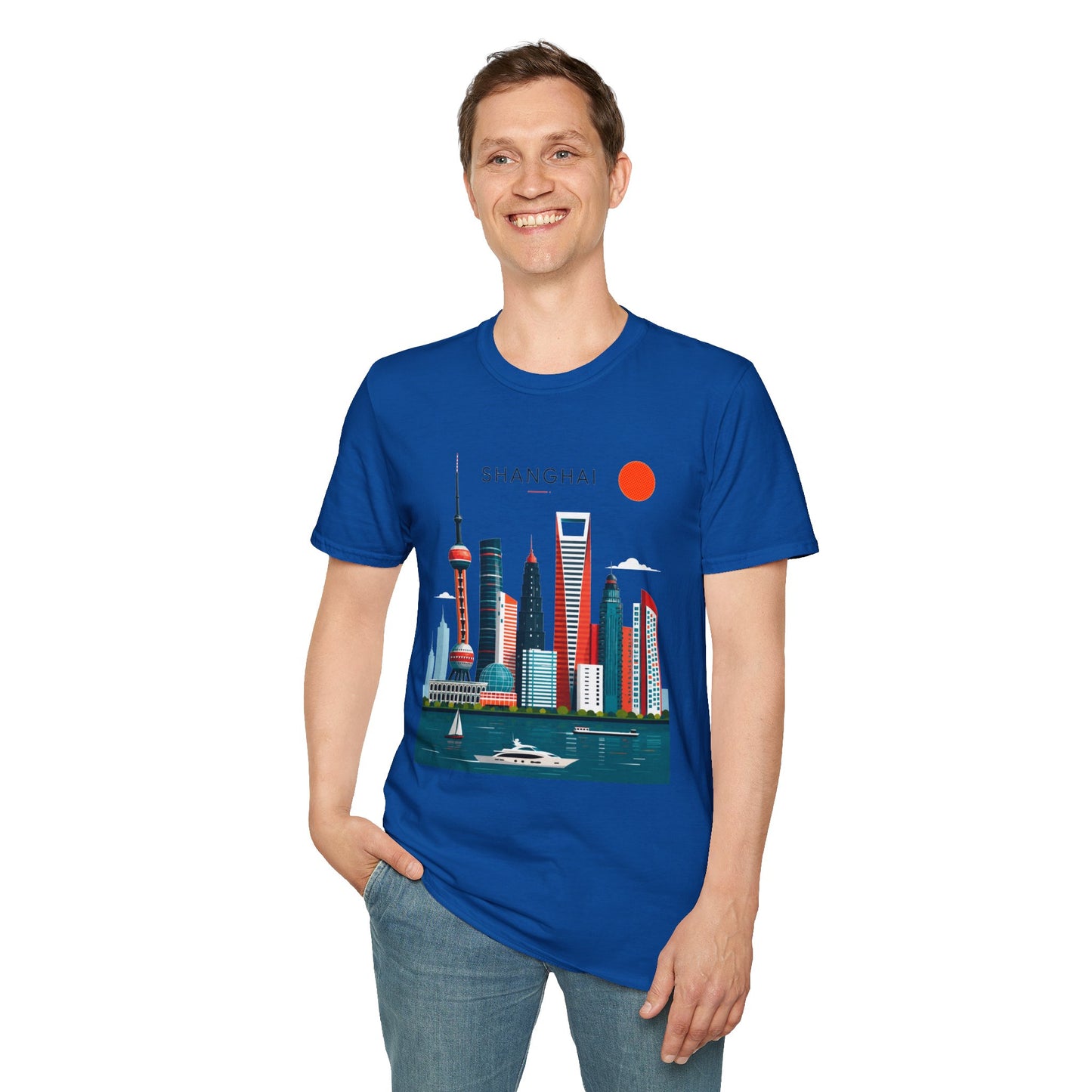 Shanghai Skyline T‑Shirt — Retro Red Sun Cityscape Tee