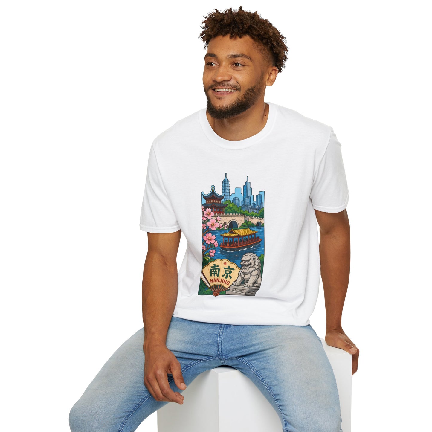 Nanjing Cityscape T-Shirt — Cherry Blossoms, Pagoda & Skyline Travel Shirt