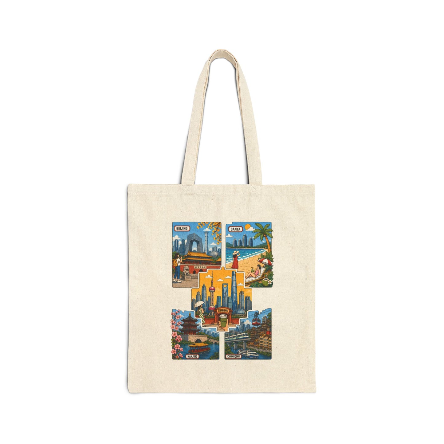 Cityscape Postcard Cotton Tote Bag — Vintage Travel Collage Tote
