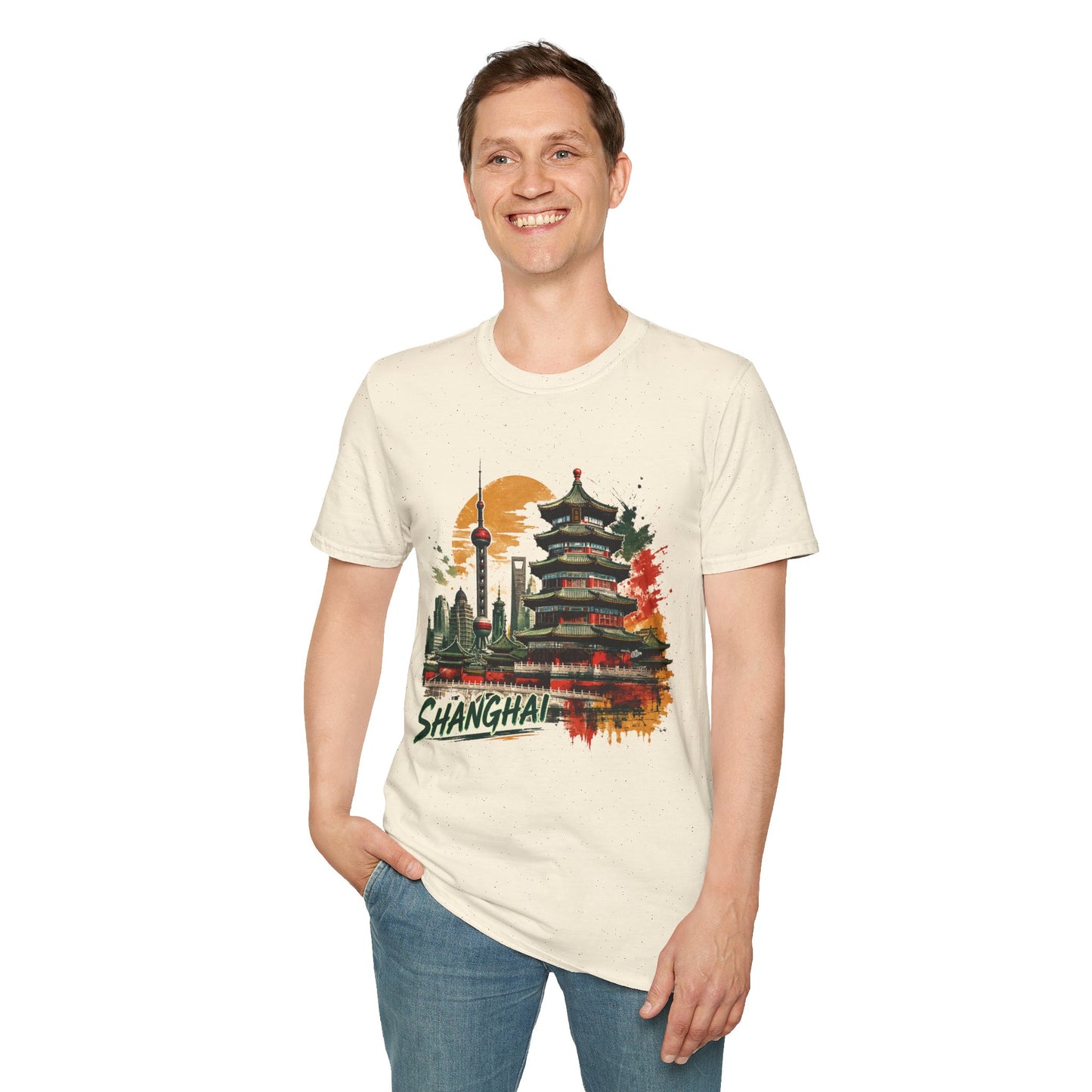 Shanghai Skyline T-Shirt — Watercolor Pagoda & Oriental Sunset Graphic