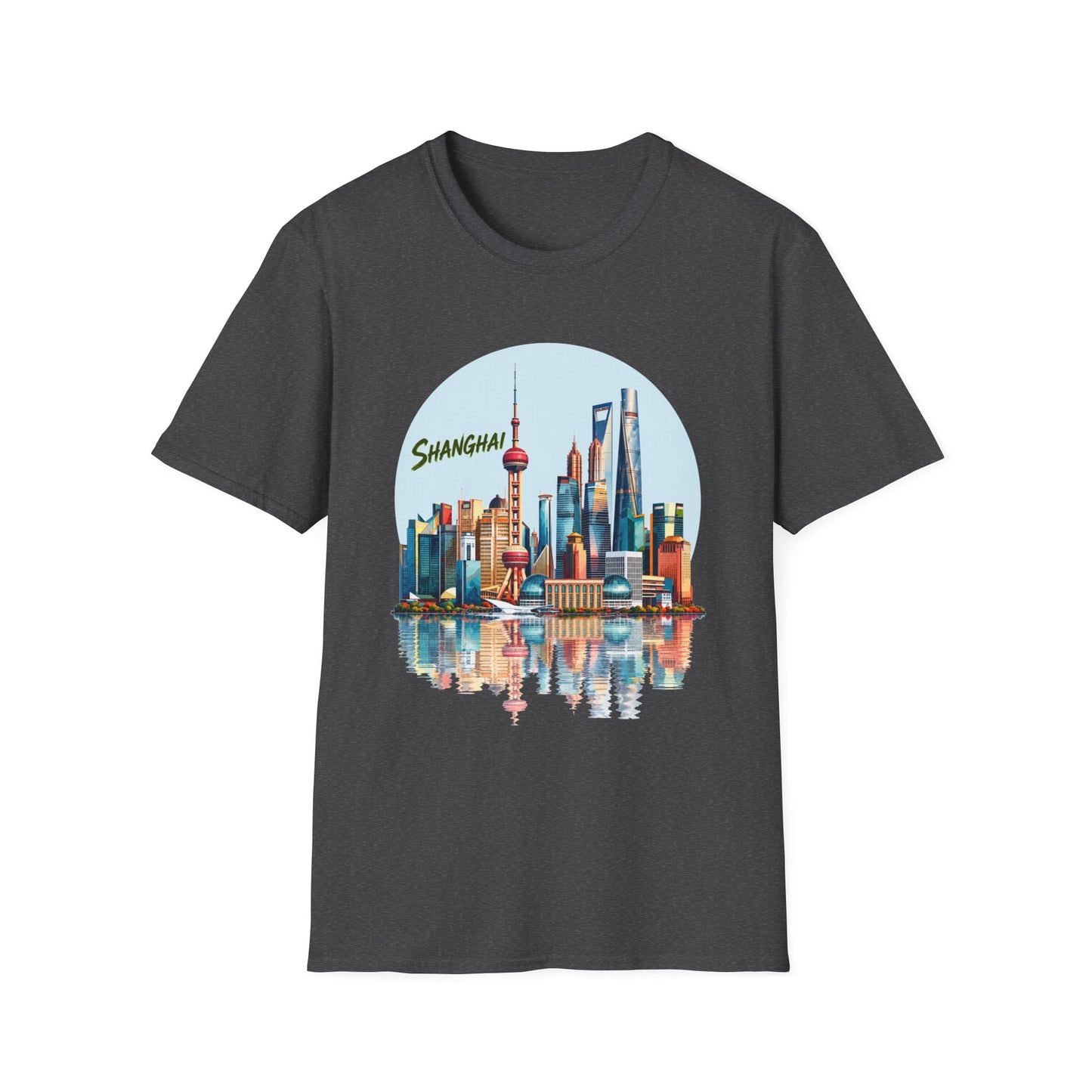 Shanghai Skyline T-Shirt — Retro Cityscape Tee with Reflection