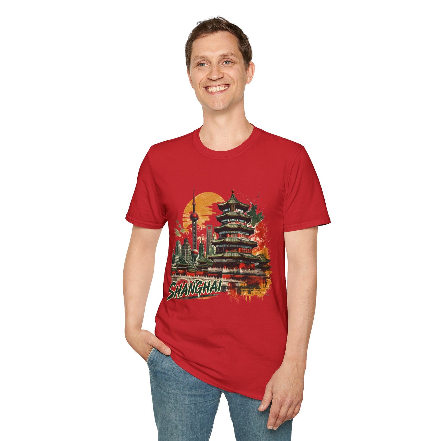 Shanghai Skyline T-Shirt — Watercolor Pagoda & Oriental Sunset Graphic