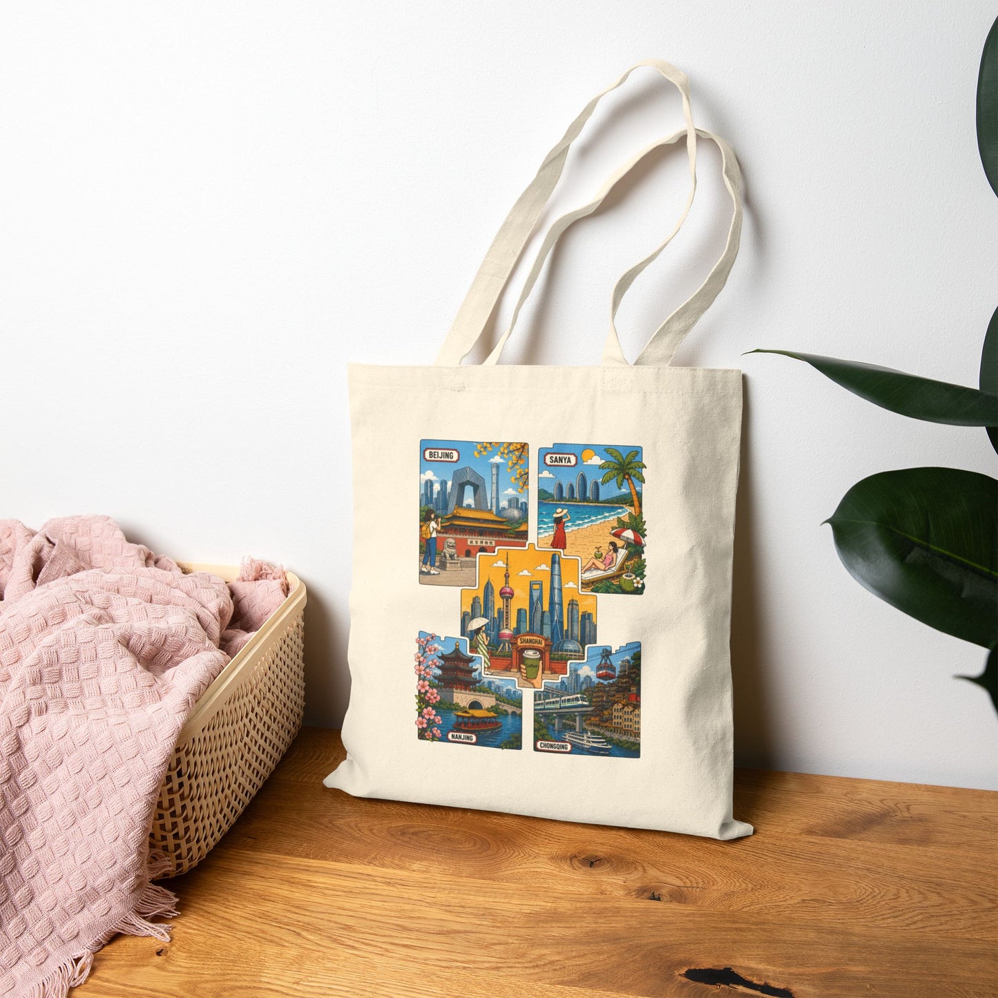 Cityscape Postcard Cotton Tote Bag — Vintage Travel Collage Tote