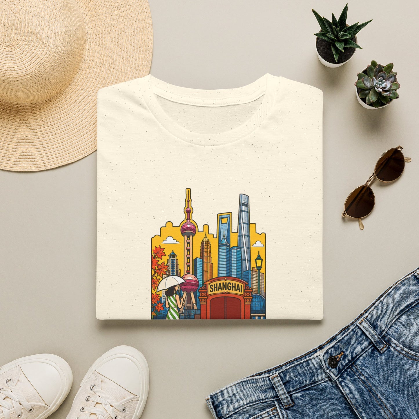 Shanghai Skyline T-Shirt — Vintage Cityscape with Chinese Characters