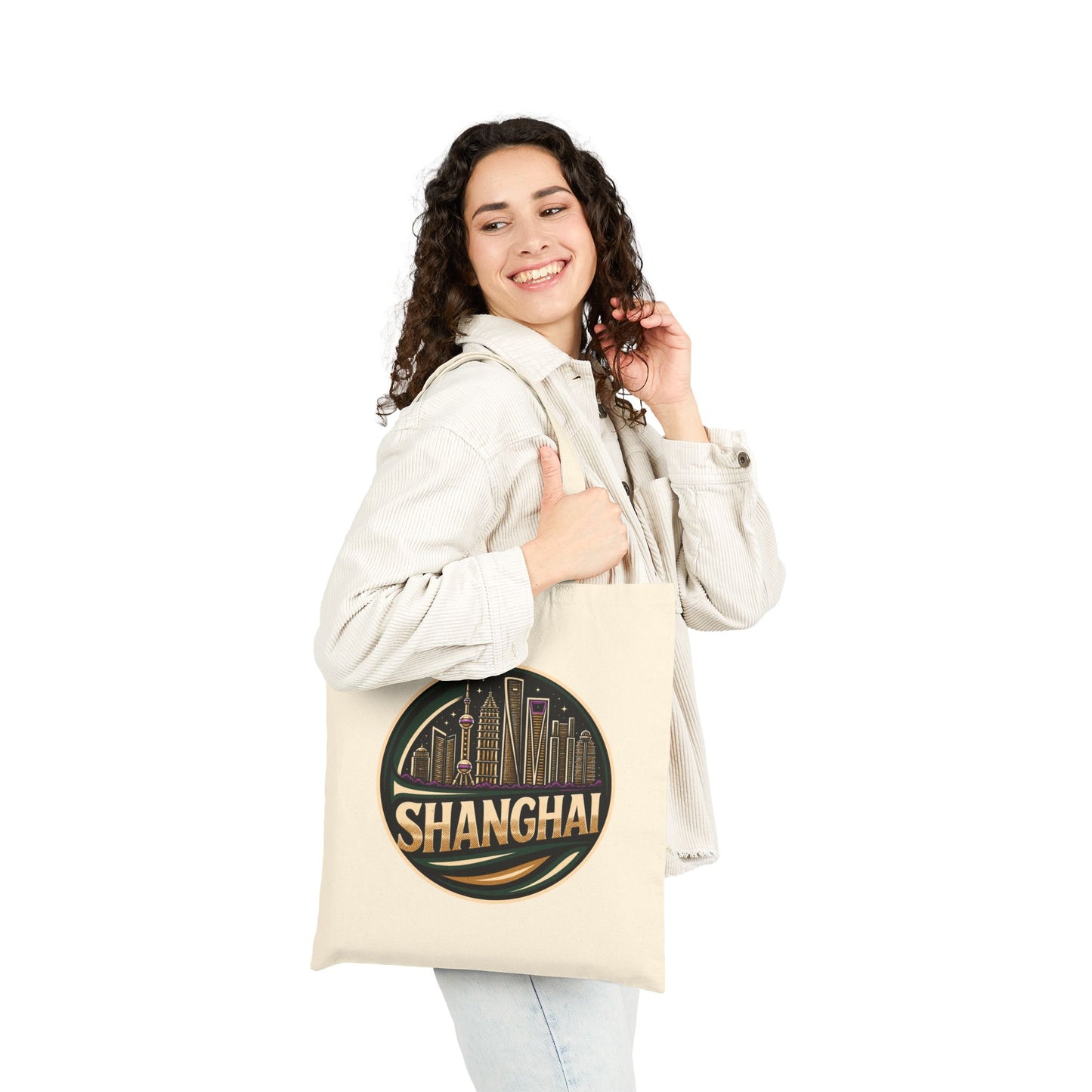 Shanghai Skyline Tote Bag – Retro Cityscape Cotton Canvas Shopper