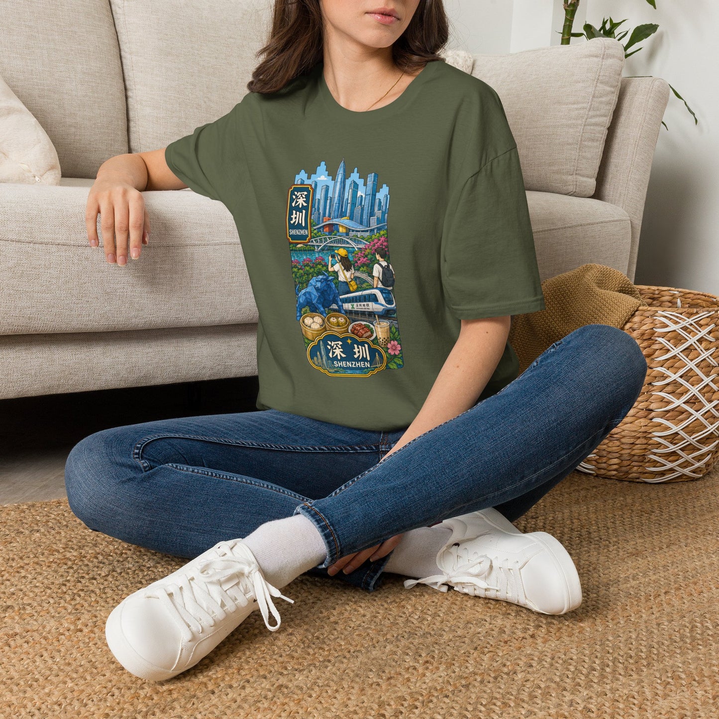 Shenzhen Skyline T-Shirt — Retro Travel City Scene with Chinese Characters