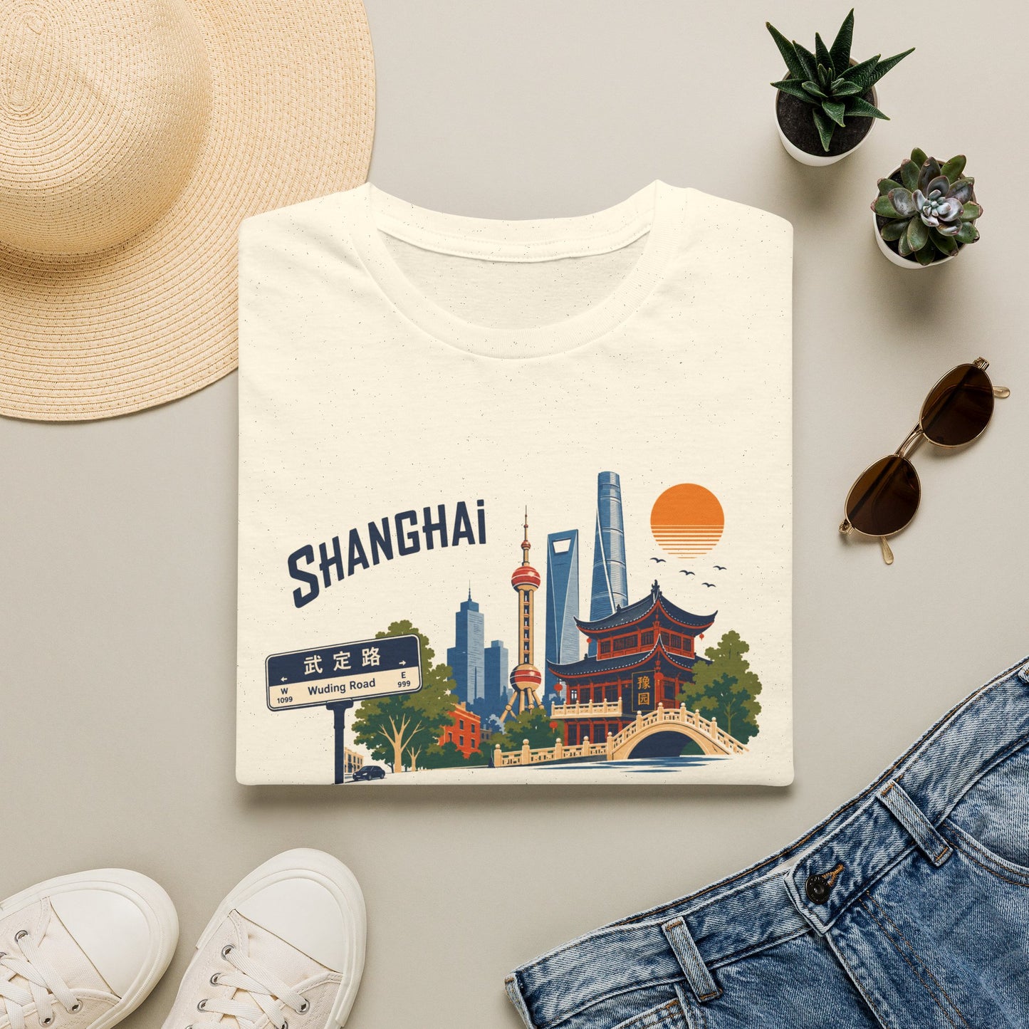 Shanghai Skyline T-Shirt — Vintage Cityscape Graphic Tee featuring Oriental Pagoda & Pudong Landmarks