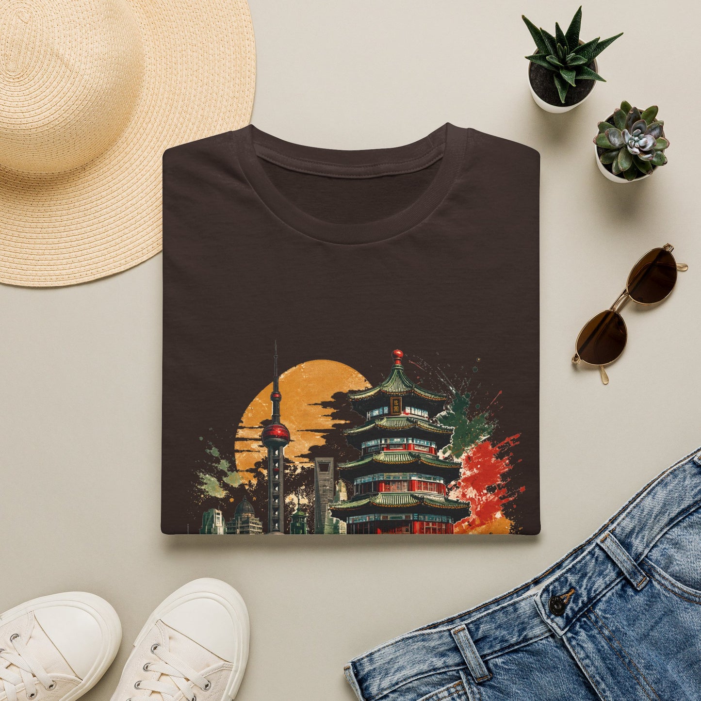 Shanghai skyline T-Shirt — Watercolor Pagoda & Oriental Sunset Tee
