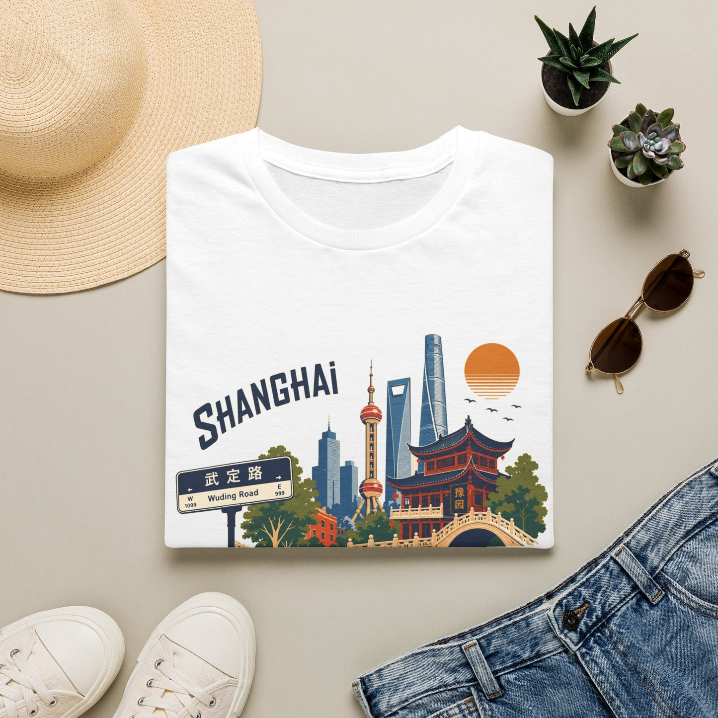 Shanghai Skyline T-Shirt — Vintage Cityscape Tee with Oriental Temple & Pudong Landmarks