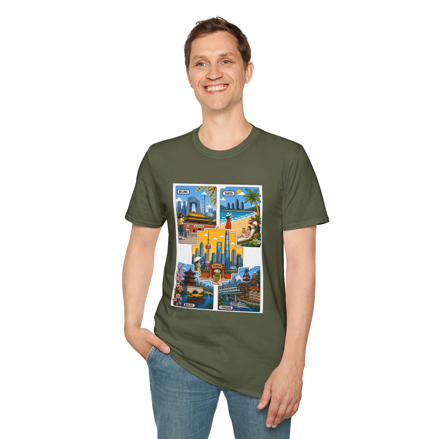 Cityscape Postcard T-Shirt — Retro Travel Collage (Beijing, Santa, Coastal Scenes)