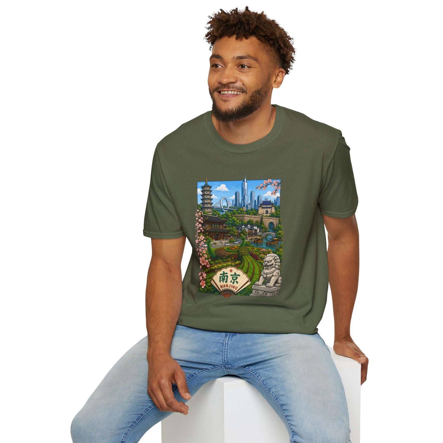 Nanjing Skyline T-Shirt — Scenic Cityscape with Pagoda & Cherry Blossoms