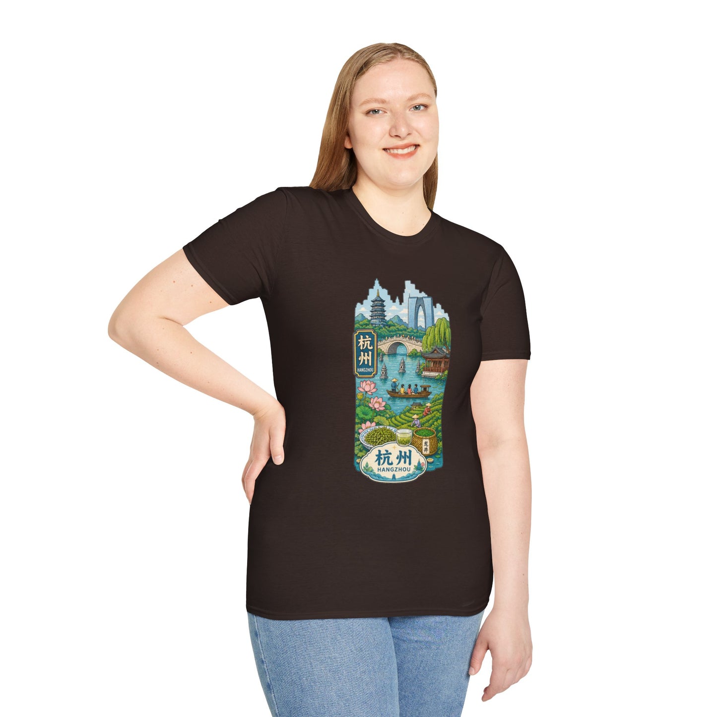 Hangzhou Scenic T-Shirt — West Lake Pagoda & Bridge Illustration
