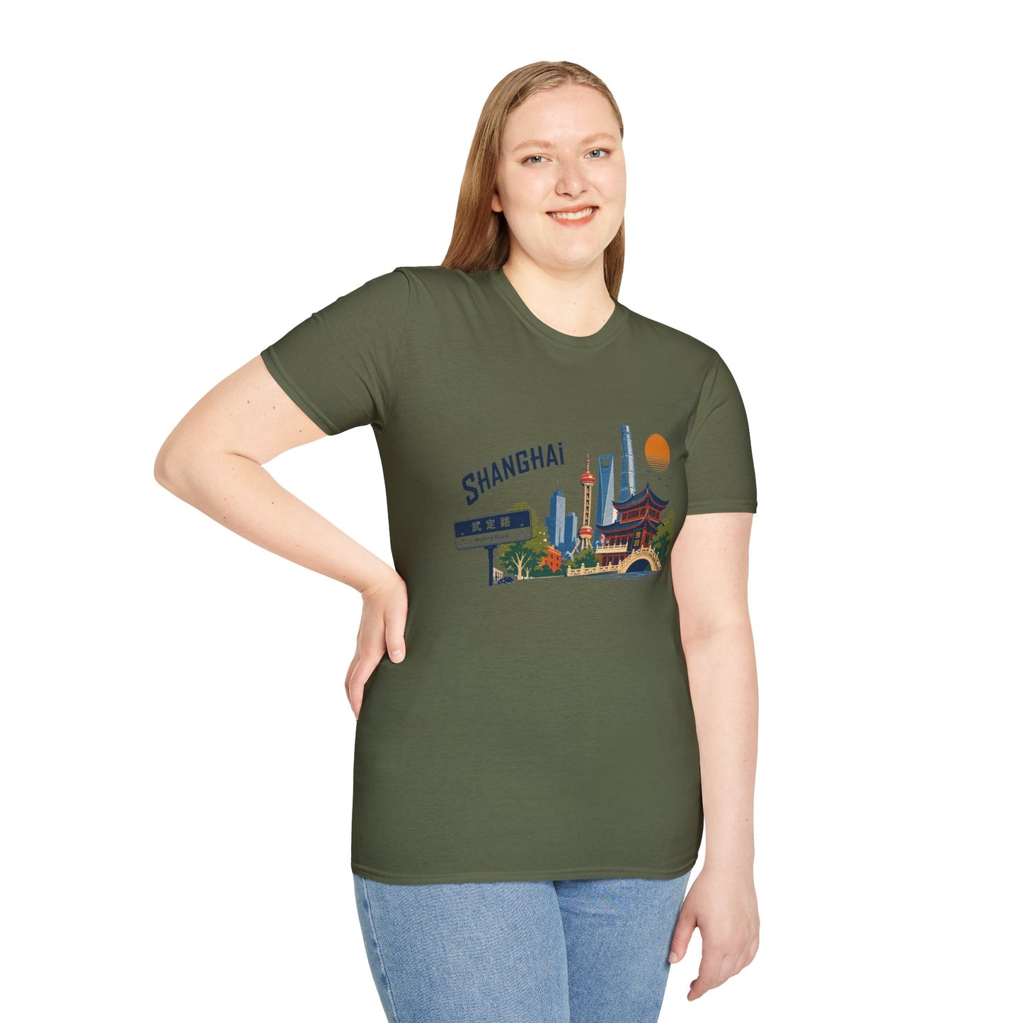 Shanghai Skyline T-Shirt — Retro Cityscape Tee with Oriental Pagoda & Street Sign