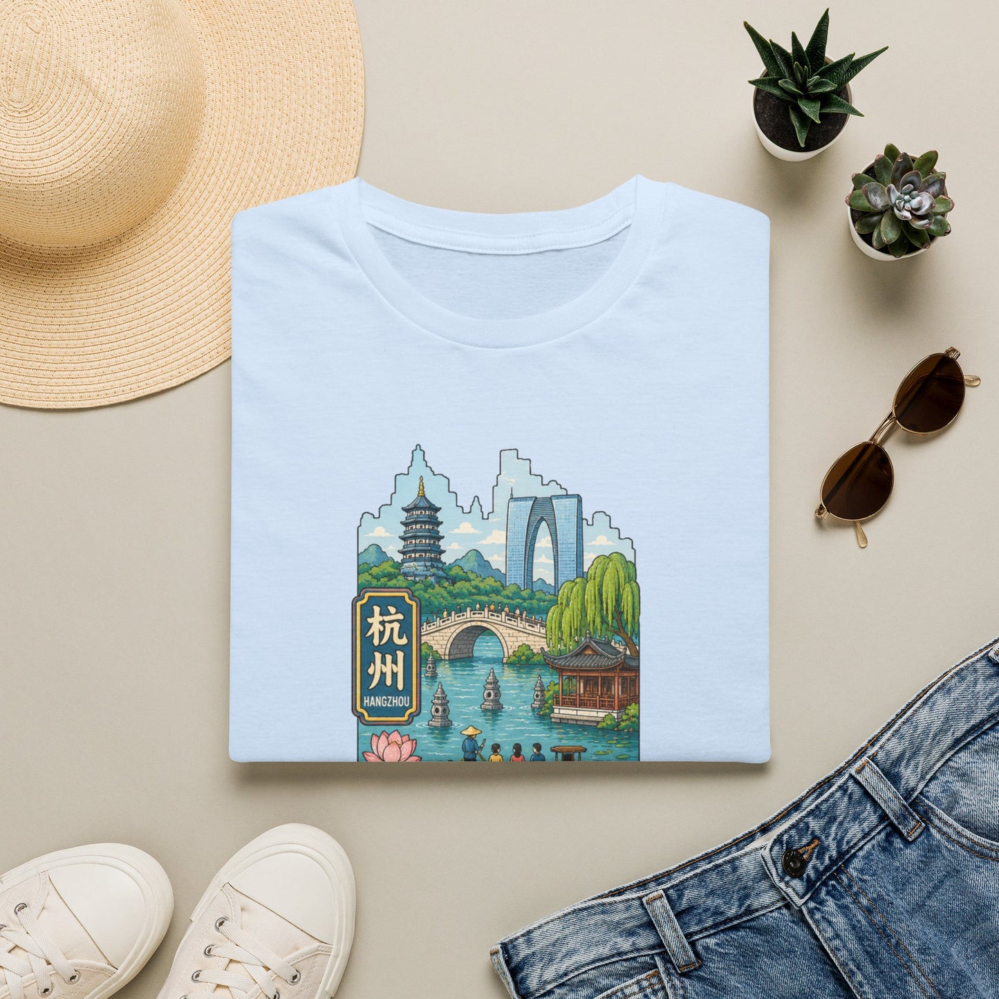 Hangzhou Scenic T-Shirt — West Lake Pagoda & Bridge Illustration