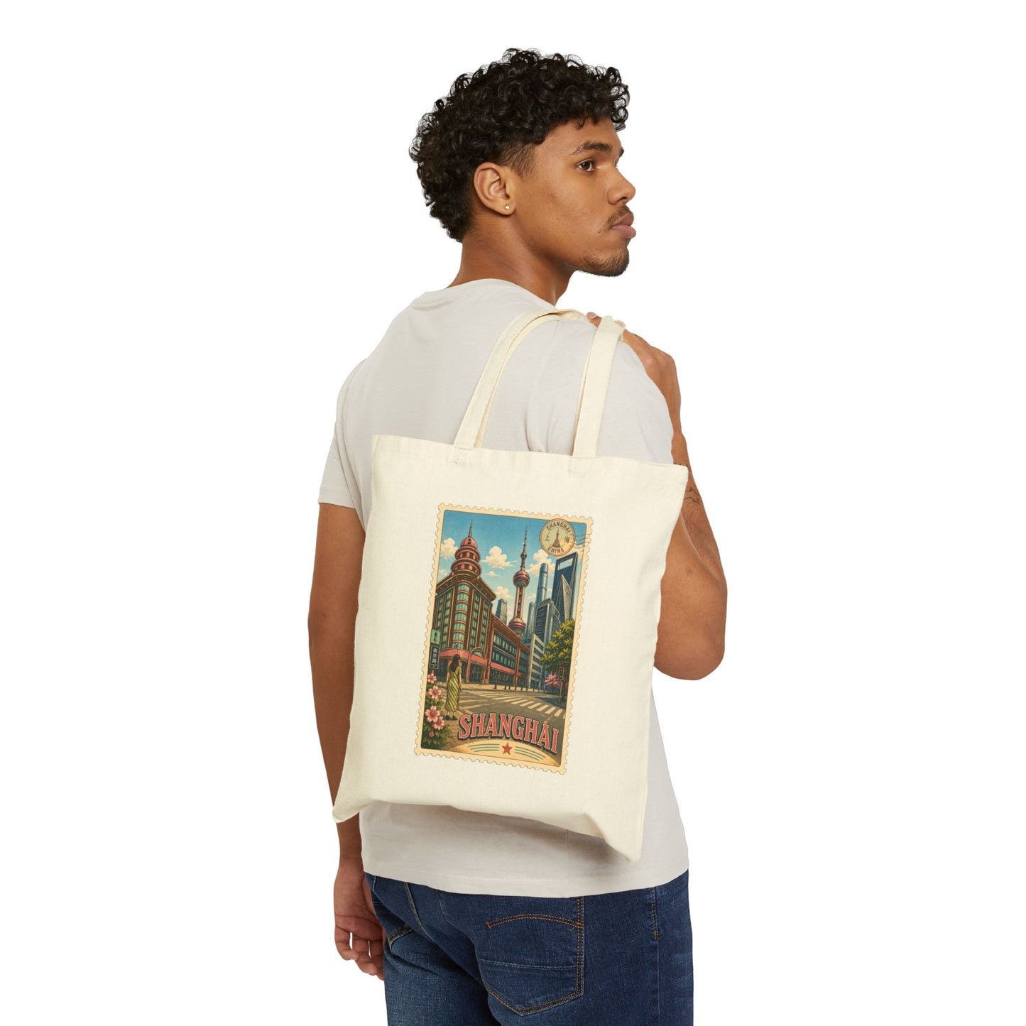 Shanghai Vintage Travel Tote — Cotton Canvas Cityscape Bag
