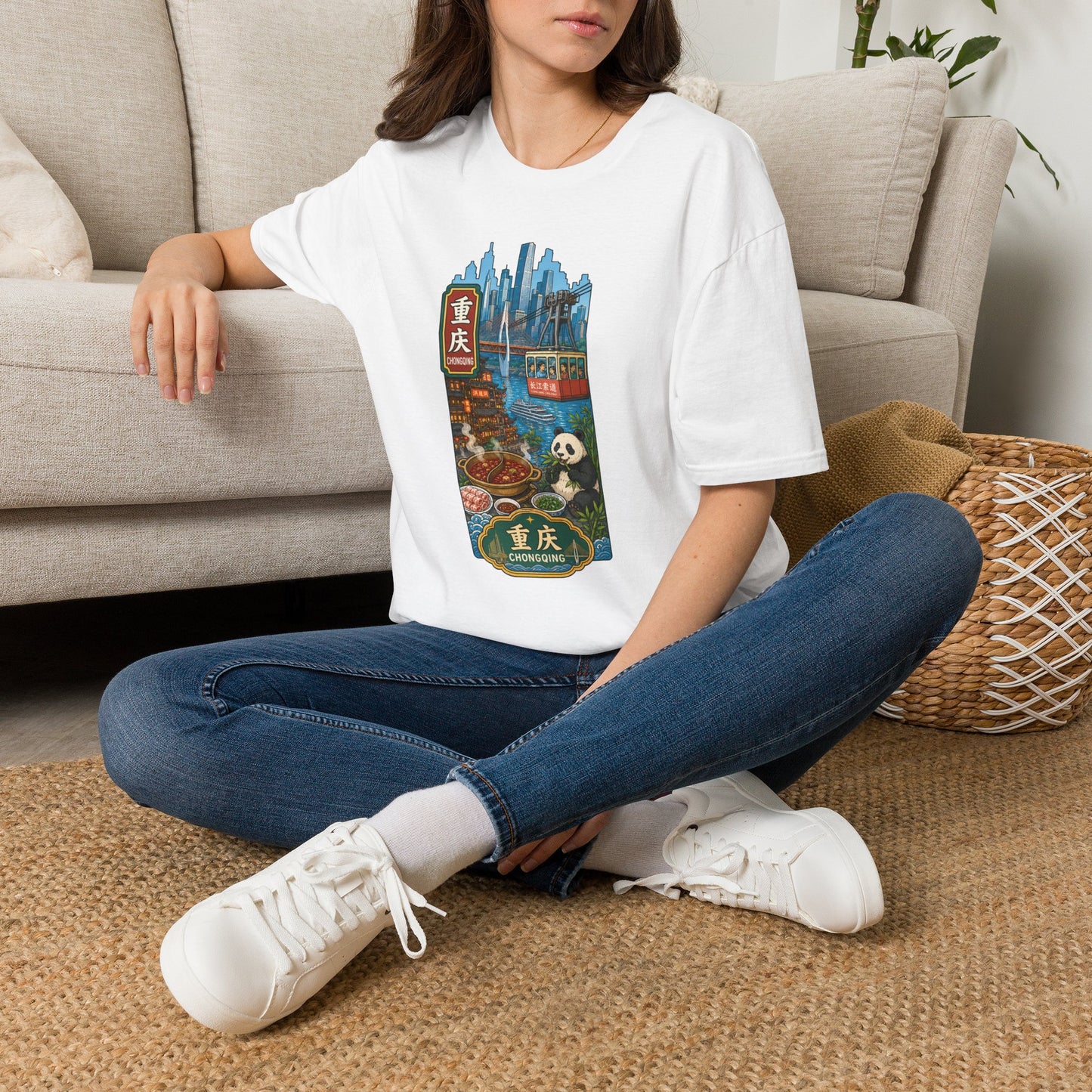 Chongqing Cityscape T-Shirt — Cable Car, Skyline & Night Market Illustration