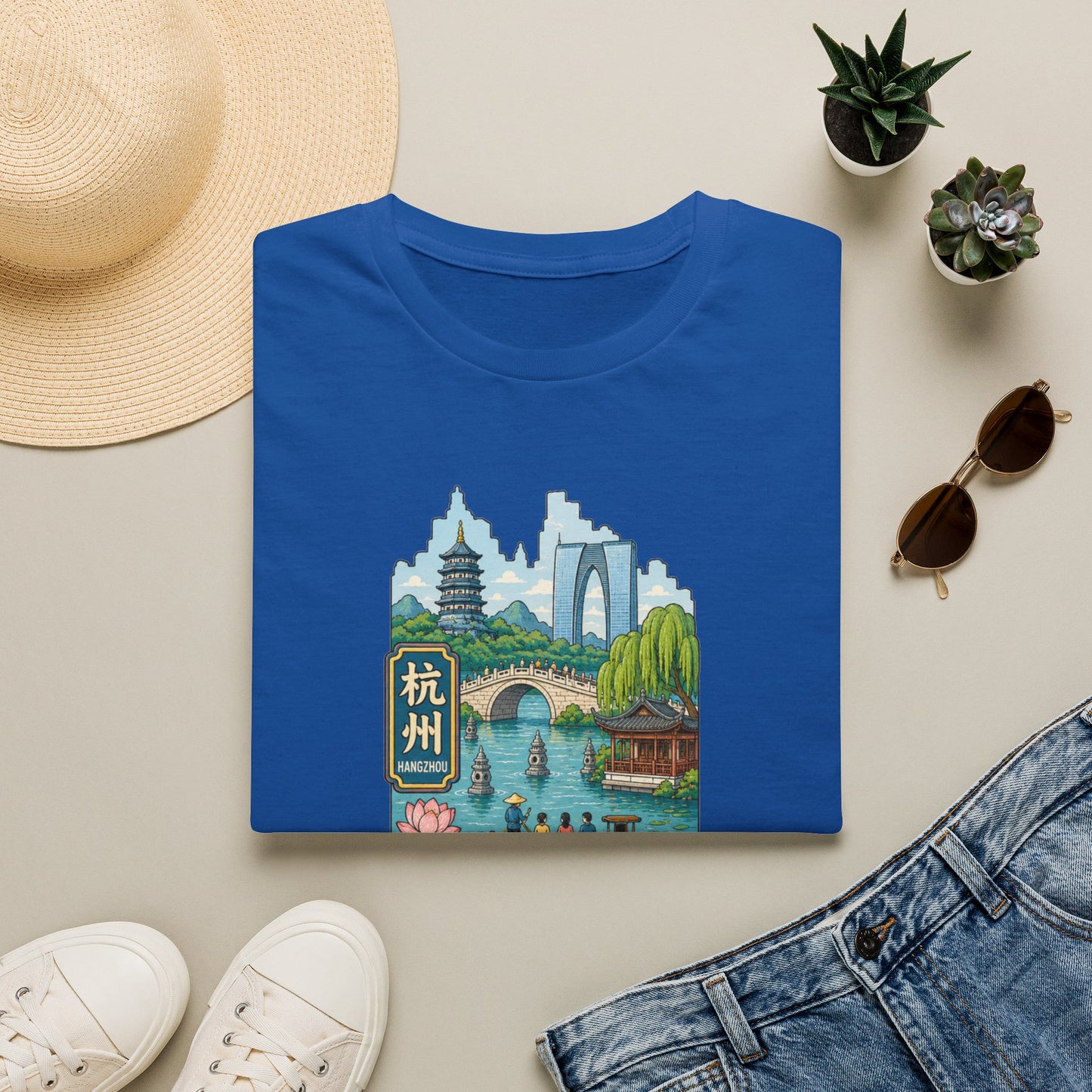 Hangzhou Scenic T-Shirt — West Lake Pagoda & Bridge Illustration